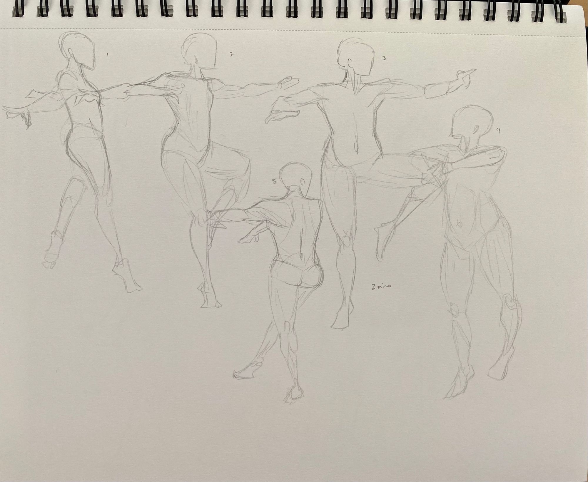 five 2-min figure drawings in prncil