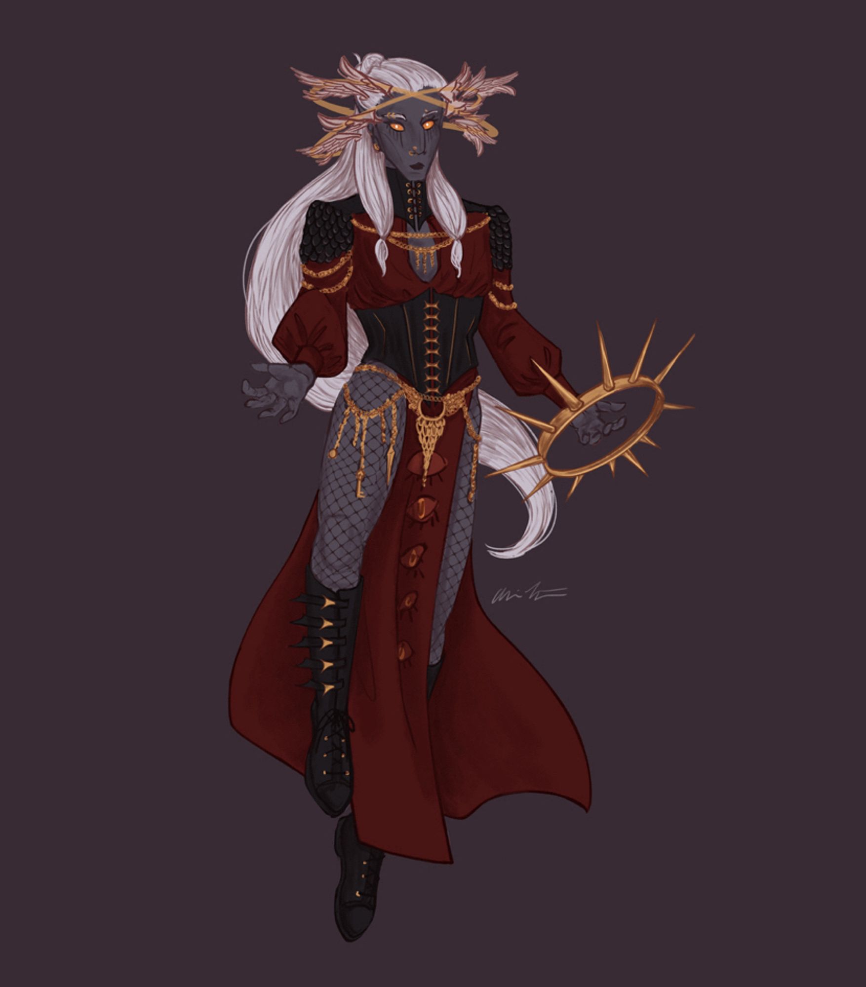 A digital drawing of visenya, a tall lanky aasimar with medium grey skin and very long straight white hair that drapes down to their knees. they’re wearing a wine red dress with slots in the sides that go up to their hips. a black corset with gold hardware cinches their waist. they wear lots of gold jewelry and chain draping around their waist and shoulders. over their right hand hovers a spiked golden disk. a pair of halos wrapped in feathers cross-cross over their forehead