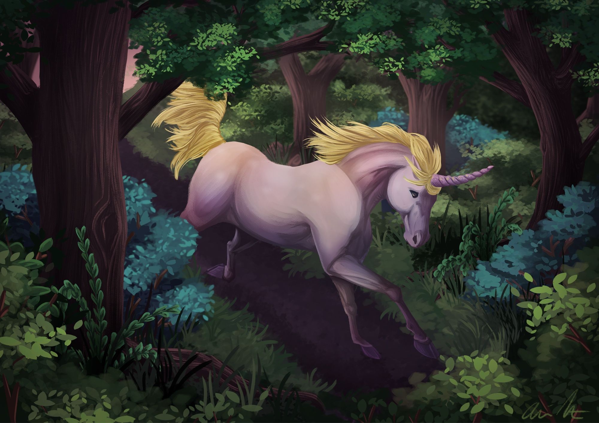 a lavender unicorn with a yellow mane and tail trots through a lush, dark forest. the foliage around it is dense and close as the sun sets behind it