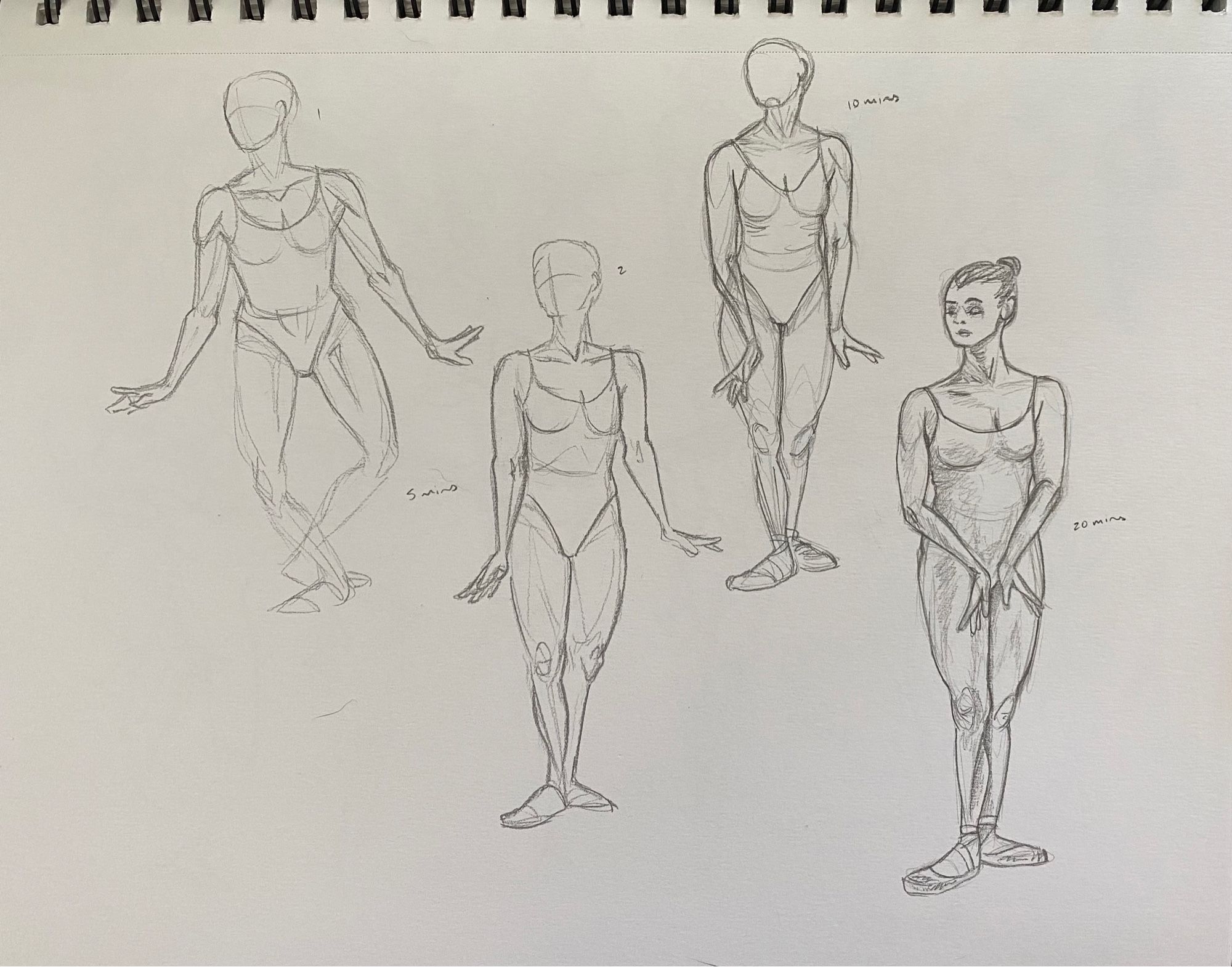 two 5-min, one 10 min, and one 20 min figure drawings in pencil