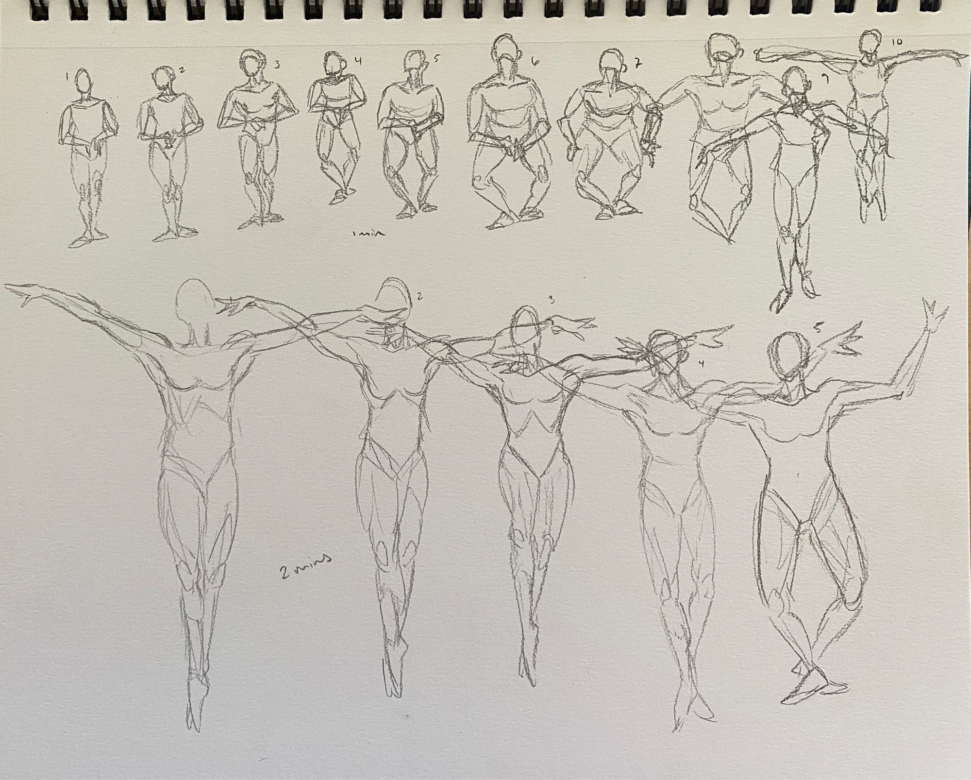 ten 1-minute and five 2-minute figure drawings in pencil