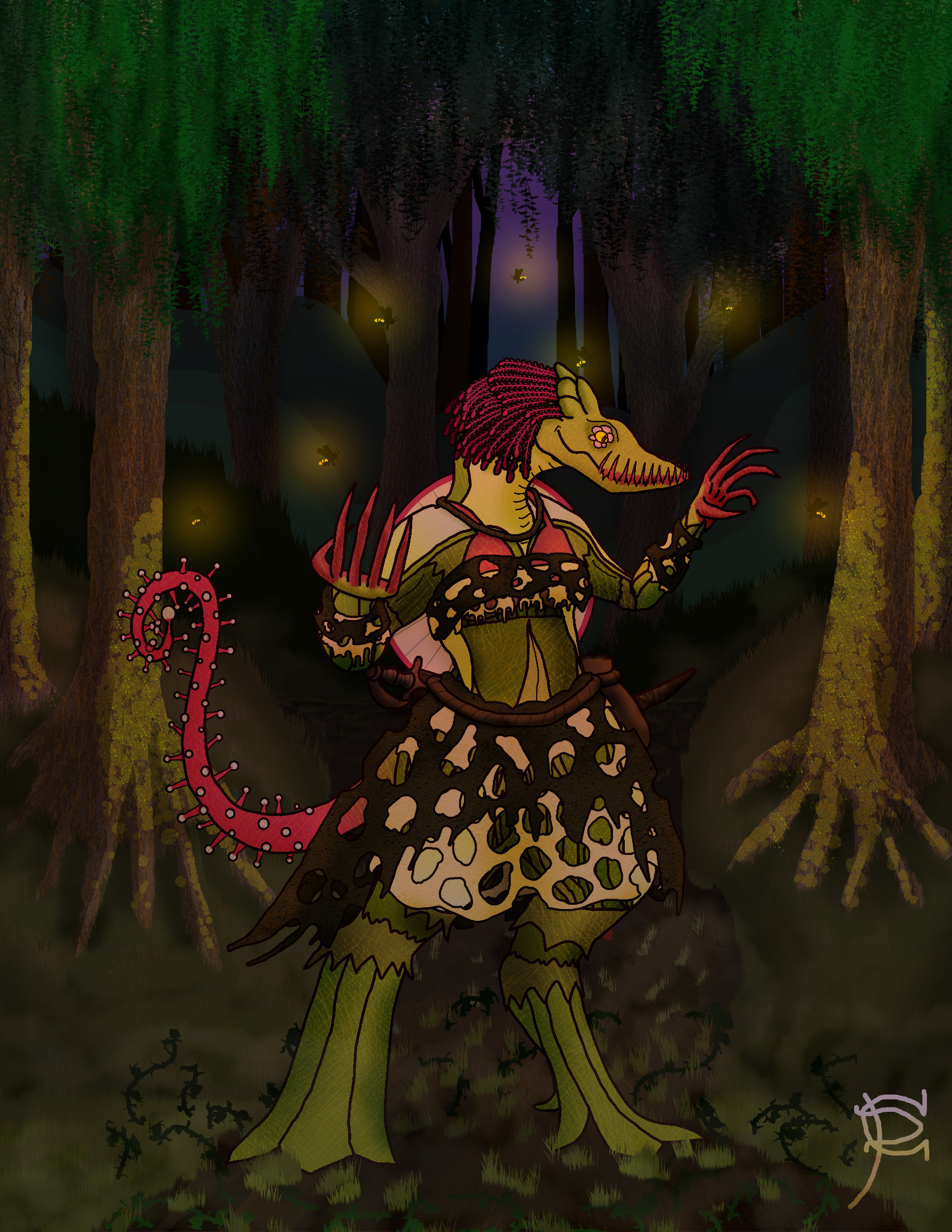 A dragonborn made of carnivorous plants wearing threadbare clothing made of fungus, standing in a dark forest surrounded by fireflies with brambles growing around them.