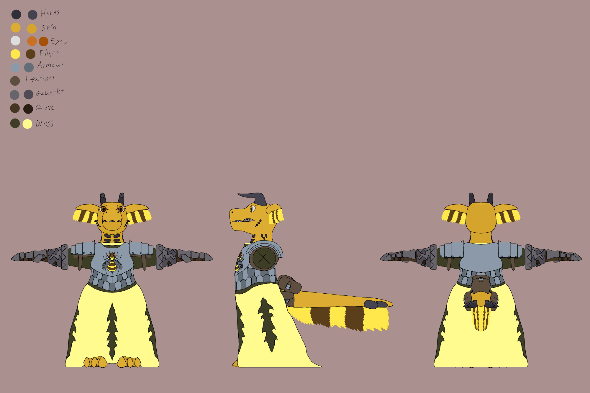 A front side and back view of Bumble. A yellow kobold with brown and yellow fluff on their ears and tail, black horns, a rectangular face, and wearing plate armor with a bee insignia, a skirt, and dark metal gauntlets.