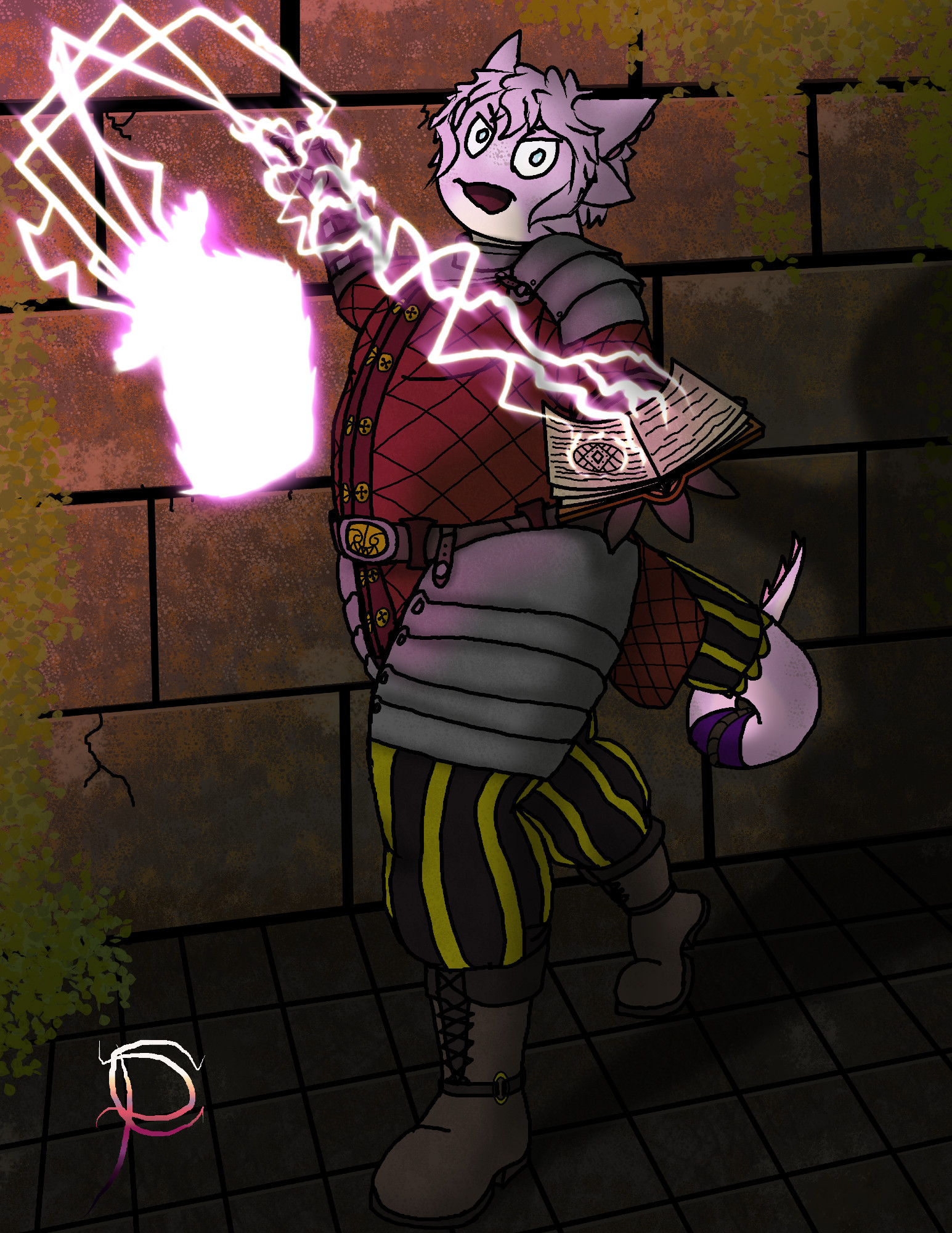 Axolotl character in a gambeson with some metal armor and striped pants with boots. he's in a stone hallway covered in moss and is hurling an energy sword.