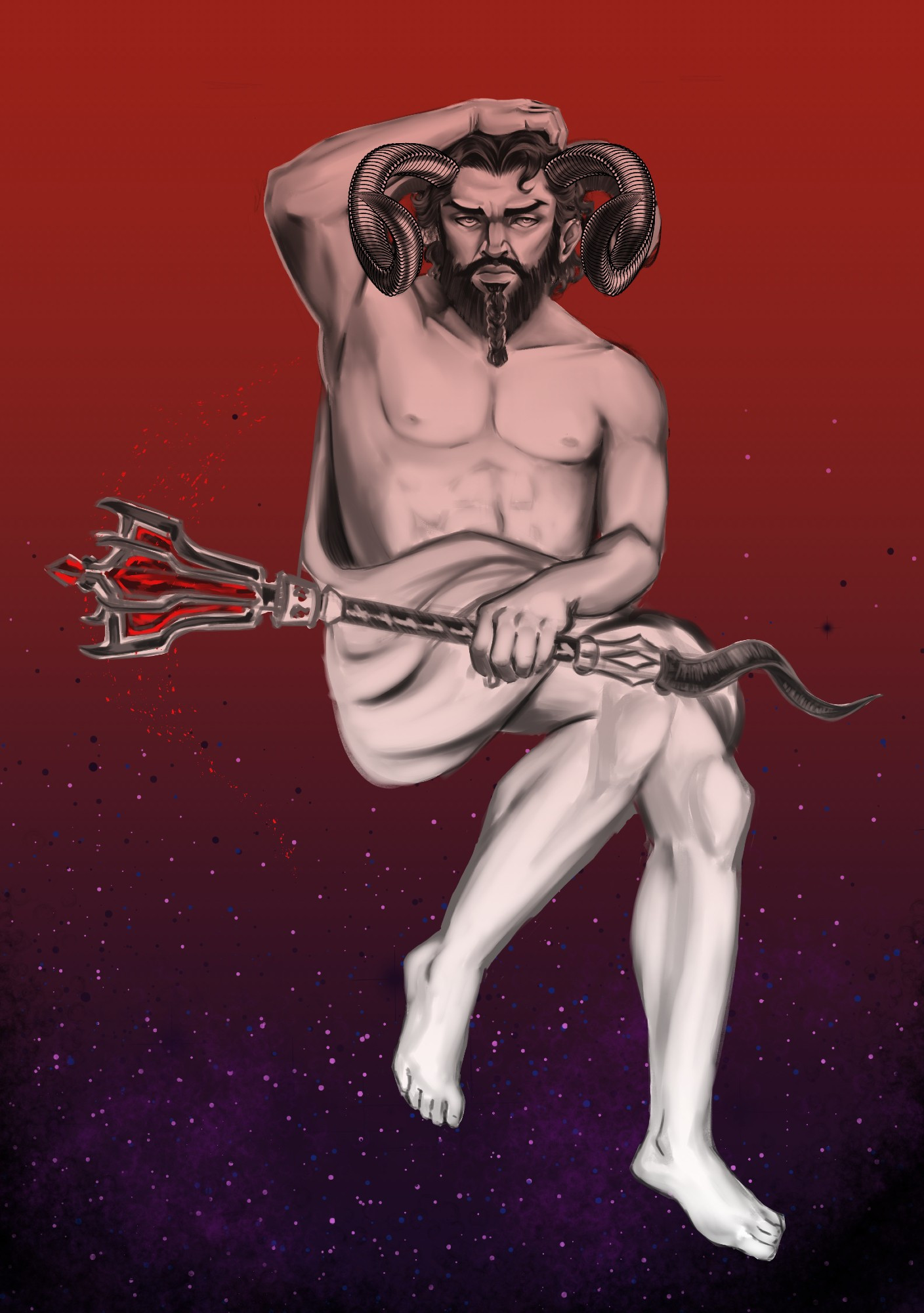 ram horned bearded man in the pose of Rococo lucifer holding a ruby tipped mace and the pommel of the mace is a spiraling rams horn. all black and white painting except for the weapon. The background goes from dark purple on the feet to red by the head.