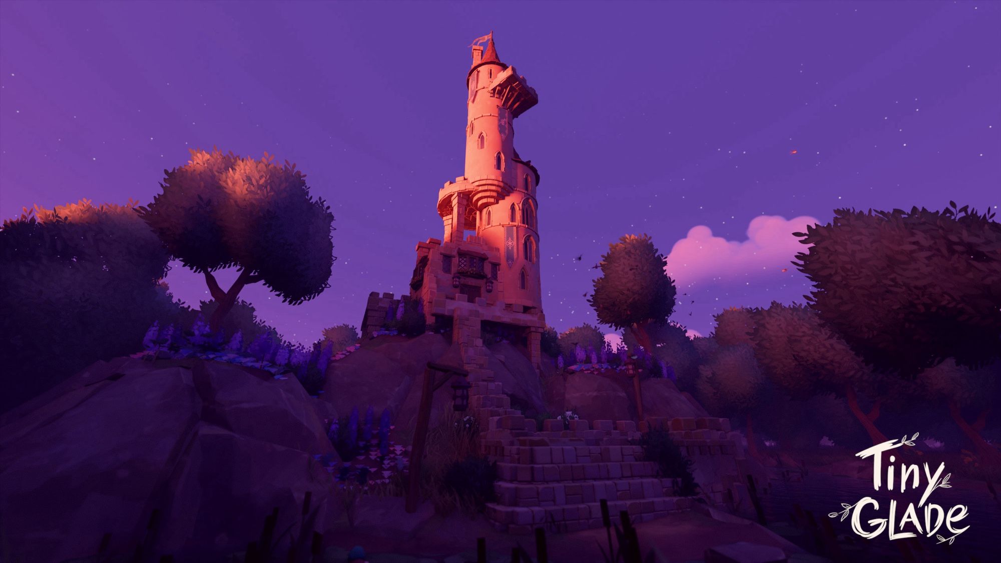 Early morning cresting over the mysterious wizards tower atop the tall hill. Colors of soft pinks, lavenders, peaches and oranges are contrasted with violet shadows