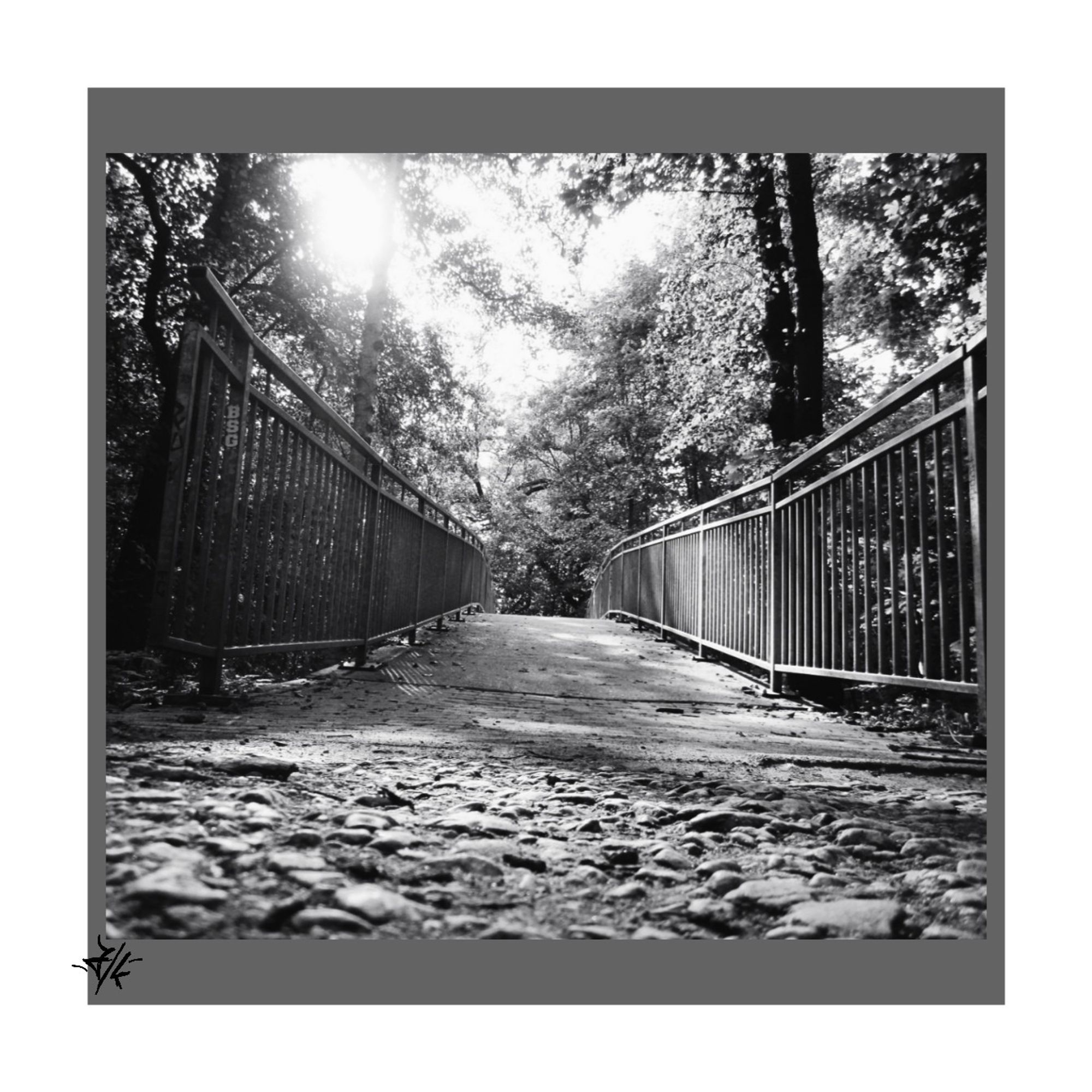 Schwarz-Weiß Foto von einer kleinen Steinbrücke. Fotografiert vom Anfang der Brücke aus Boden Perspektive. Helles Sonnenlicht bricht sich durch die Bäume im Park und scheint auf die Brücke. 