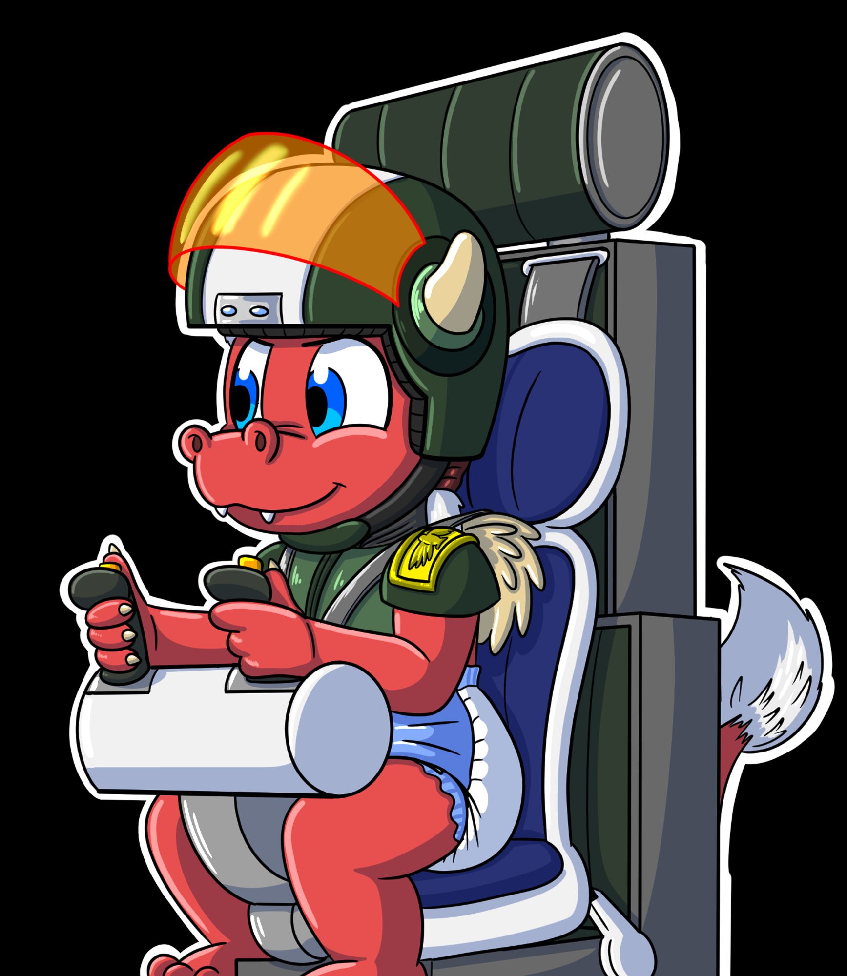 A PNG Tuber of Tacki, the red scaled, silver haired, diapered dragon hatchling behind the controls of a giant robot. He has a green helmet with a white stripe and orange visor. He has chest armor and shoulder pauldrons of the same greenish color as well. On the pauldrons are yellow backed colonel's insignias resembling the once used by Union Colonels in the US Civil War. Tacki is wearing a thick white diaper with blue sides. He is strapped in to a modified car seat with two joysticks coming out of the bar. He has a determined expression and grin on his face. This is a set of 4 pictures. One staring ahead, blinking, turning towards the viewer and talking, and turnng towards the viewer while talking and blinking.