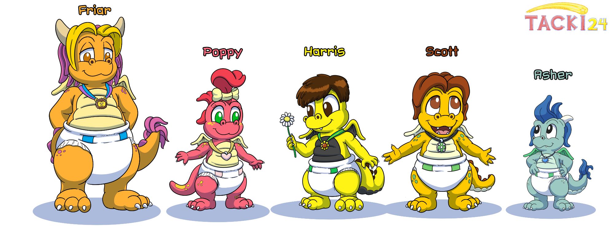 Here are five dragon hatchlings. All are wearing some white crinkly diapers. I went with a look similar to the ones shown in the actual shore on the character Kiki, but added some tapes and maybe a little bit of extra bulk.

From left to right, we have Friar the orange dragon, Poppy the hot pink little dragon, (one of the younger of the 5) Harris, whose yellow dragon sona has been regressed to hatchling size. He also has actual brown hair instead of scales like everyone else. Scott Koopa is next.Normally more of a Koopa kid than a dragon, he's been turned into another orange dragon and looks like he might be related to Quetzal. Finally there is baby Asher, the tiniest and teeniest of the five with his blue scale "hair" and blueish grey body.