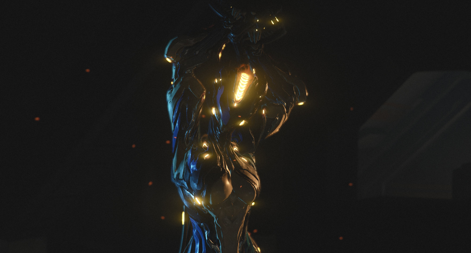 captura photo in warframe of ember prime with the technopyre skin in white, blue, and black posing with her arms stretched above her head. the lighting is dark, with only the glow of emissive highlights and soft blue rim lighting outlining her form