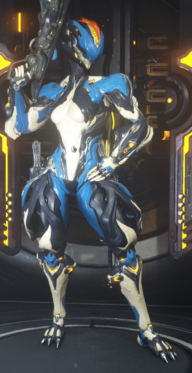 ember prime from warframe wearing the technopyre skin in black, white, and blue (with yellow emissive highlights) posing with an ignis flamethrower at the orbiter's arsenal