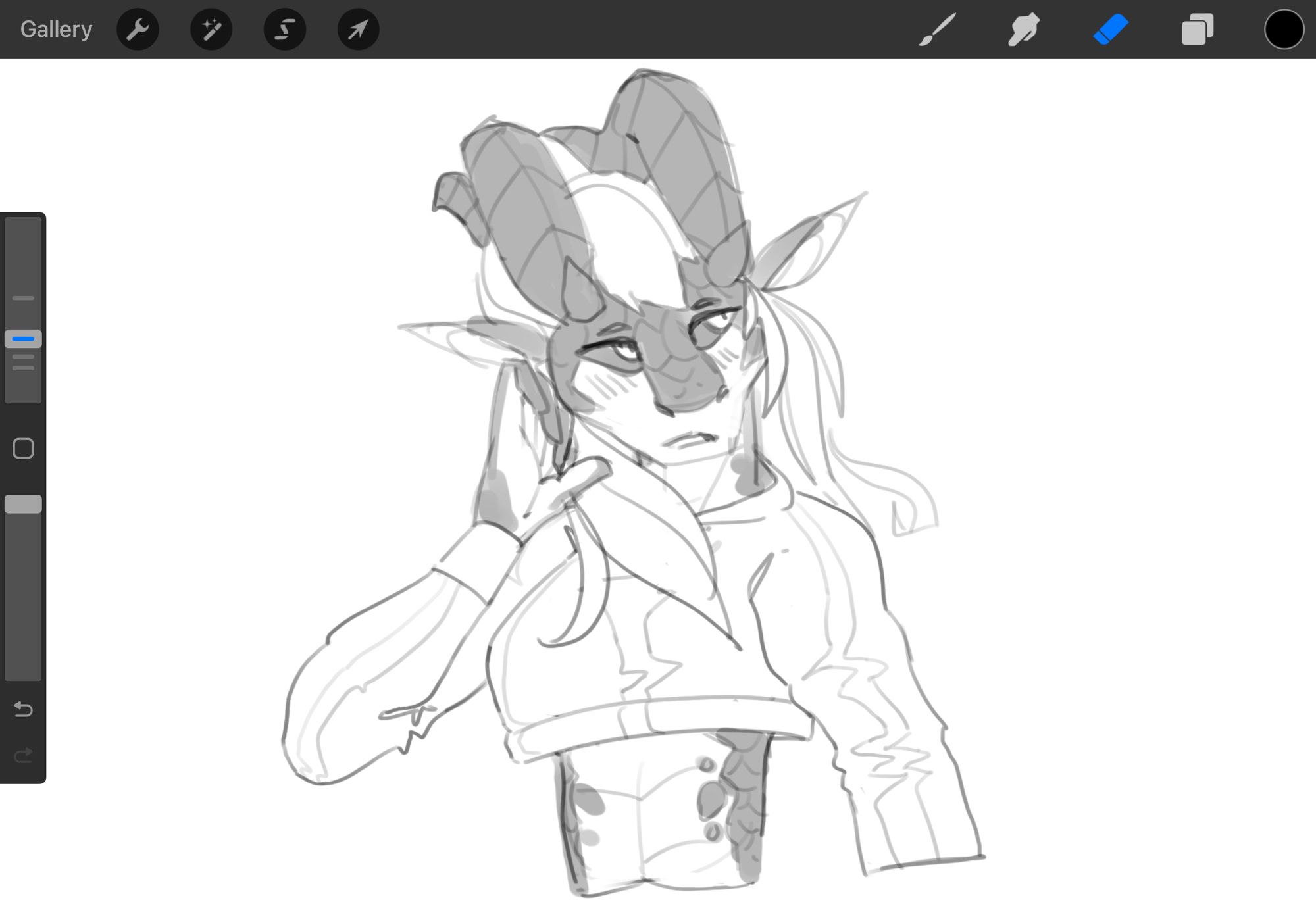 bust-up sketch of a kobold girl with big horns wearing a crop sweater fidgeting of her mane of hair