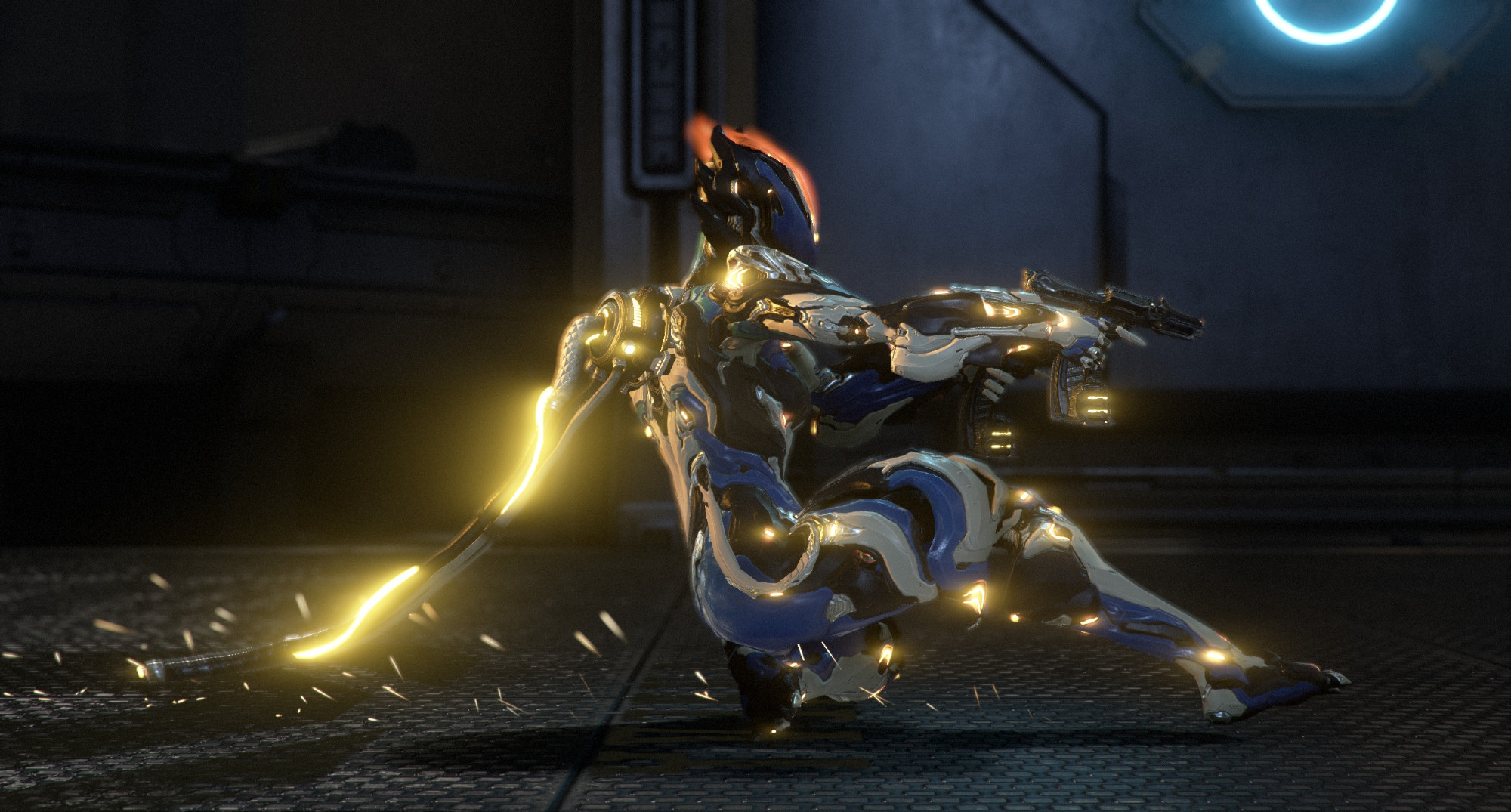 captura photo in warframe of ember prime with the technopyre skin in white, blue, and black sliding on the ground with dual machine pistols outstretched in front of her. a large bundle of cables drags along the textured metal floor behind her leaving a trail of sparks