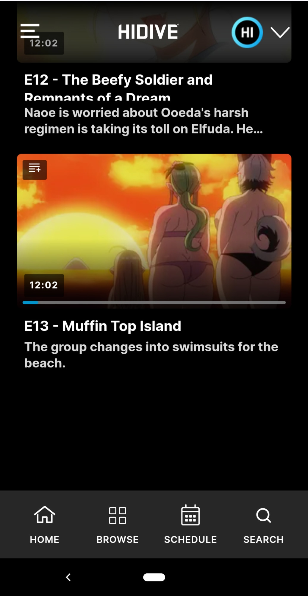 HiDive's episode list for Plus-Sized Elf showing the last episode of the season: Muffin Top Island