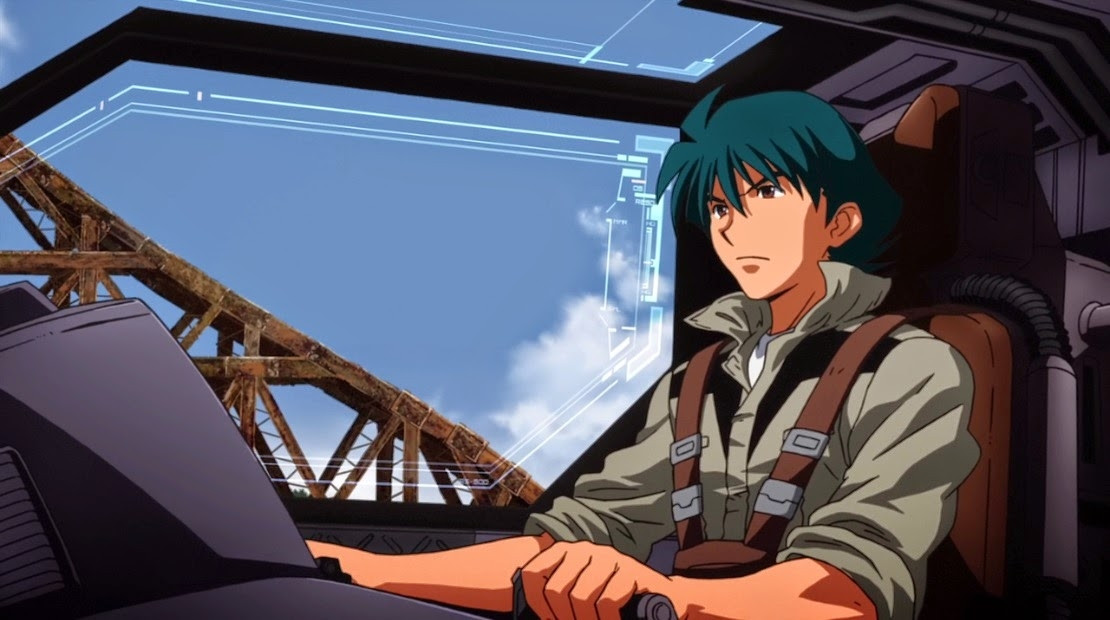 Shiro Amada from Mobile Suit Gundam: 08th MS Team in his cockpit in Earth Federation uniform somewhat unbuttoned with sleeves rolled up.