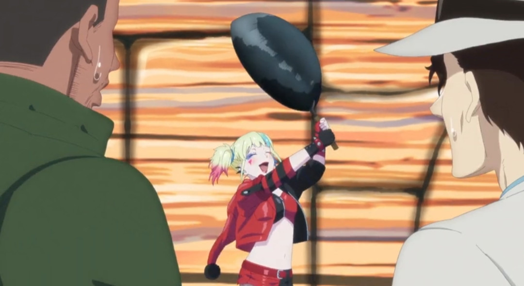 Harley Quinn hoists her oversized frying pan aloft in celebration. Deadshot and Clayface look on, speechless.