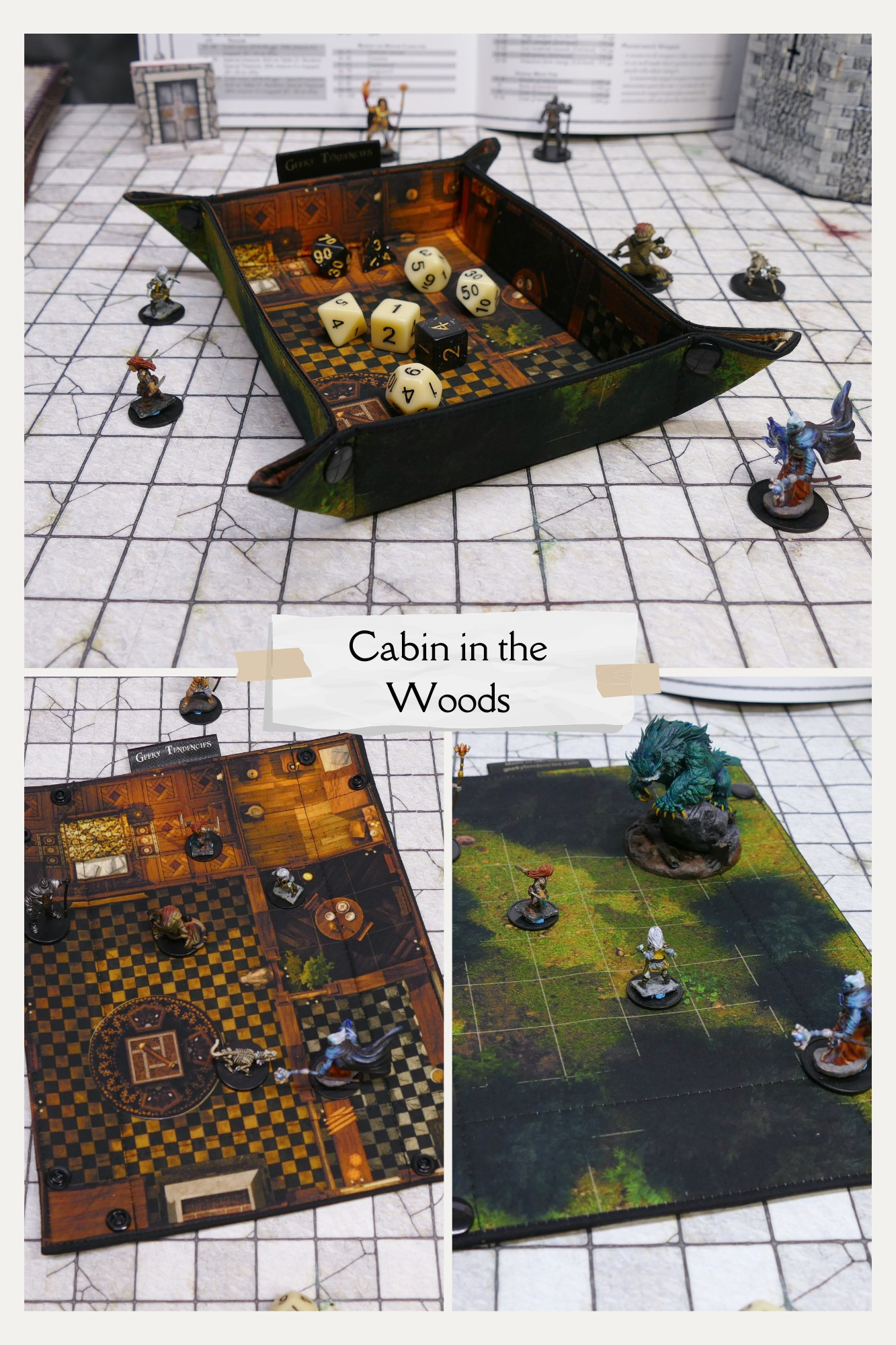 Double-sided battlemap dice tray with a cozy cabin on one side and a forest clearing on the other. Shown in use with minis and dice.