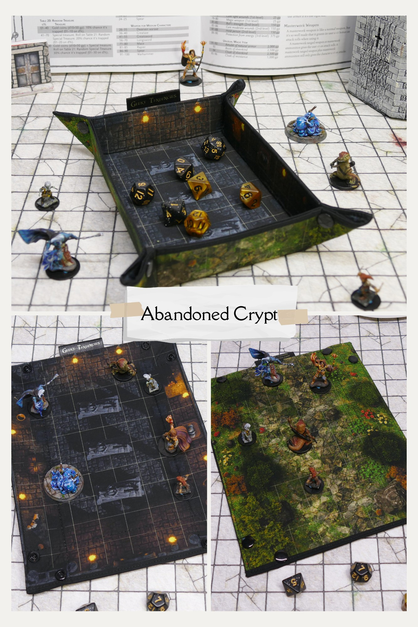 Double-sided battlemap dice tray with an abandoned crypt on one side and a derelict road on the other. Shown in use with minis and dice.