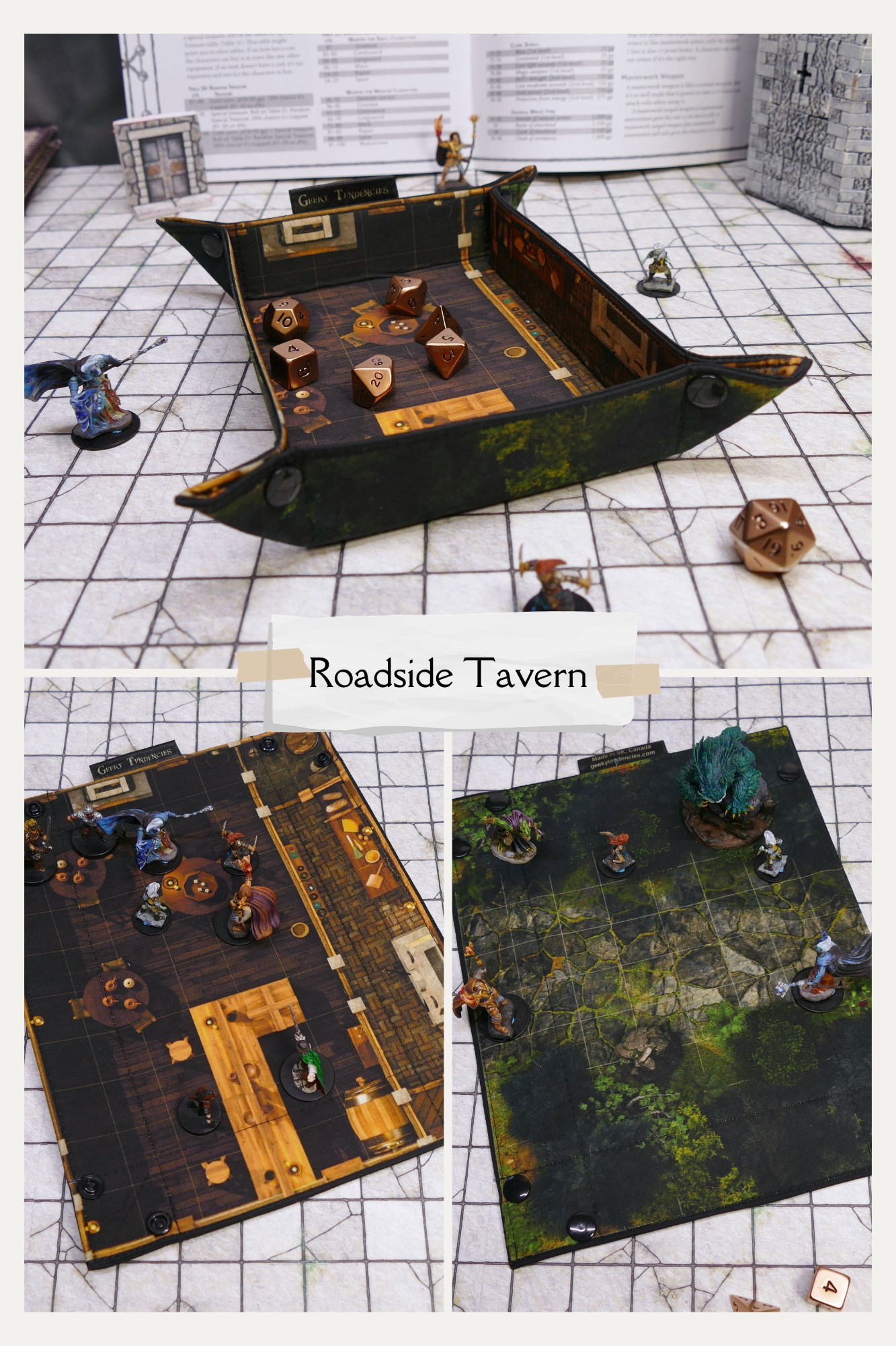 Double-sided battlemap dice tray with a tavern on one side and a Shadowy forest road on the other. Shown in use with minis and dice.