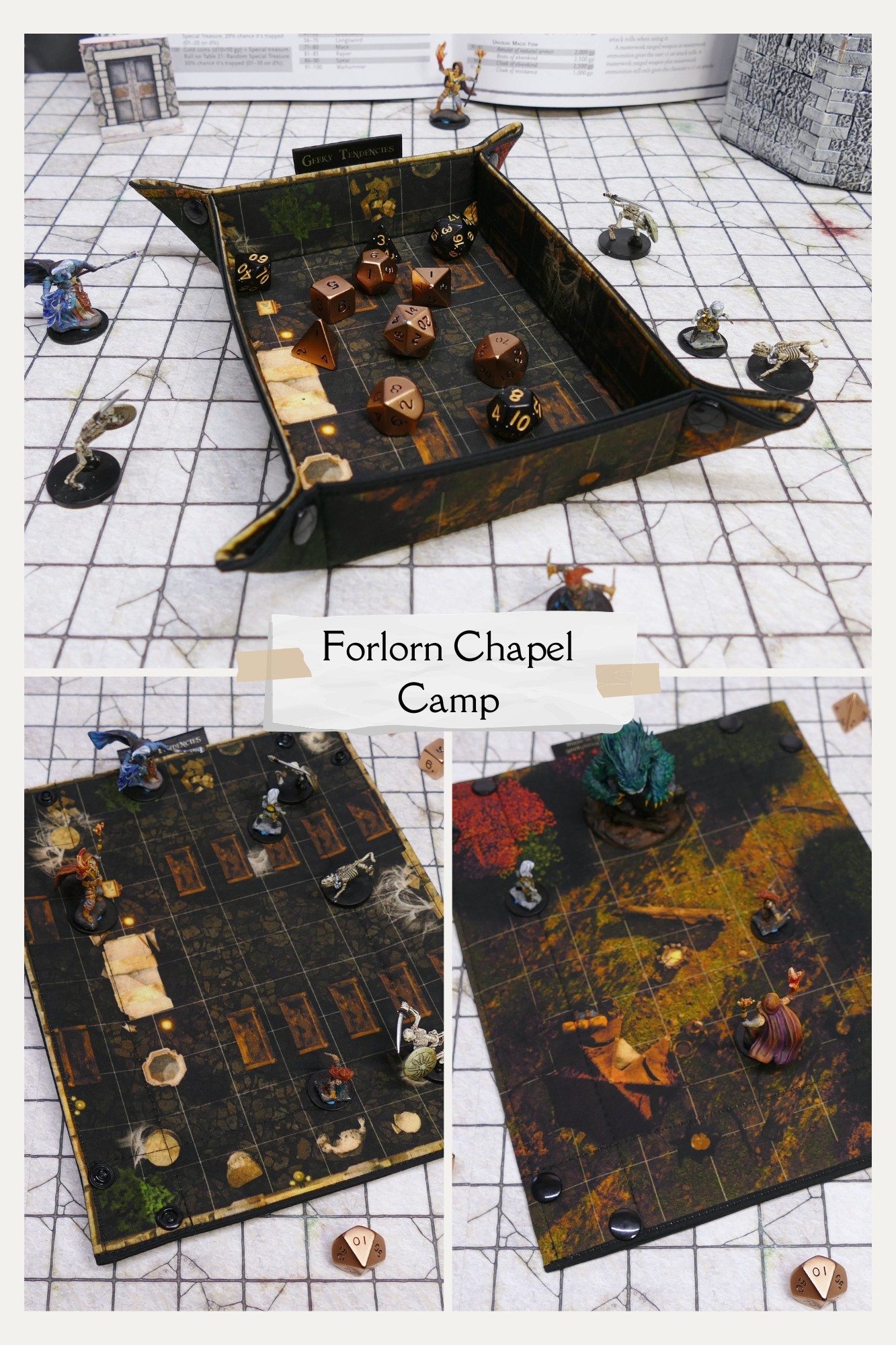 Double-sided battlemap dice tray with a ruined chapel on one side and an autumn campground on the other. Shown in use with minis and dice.