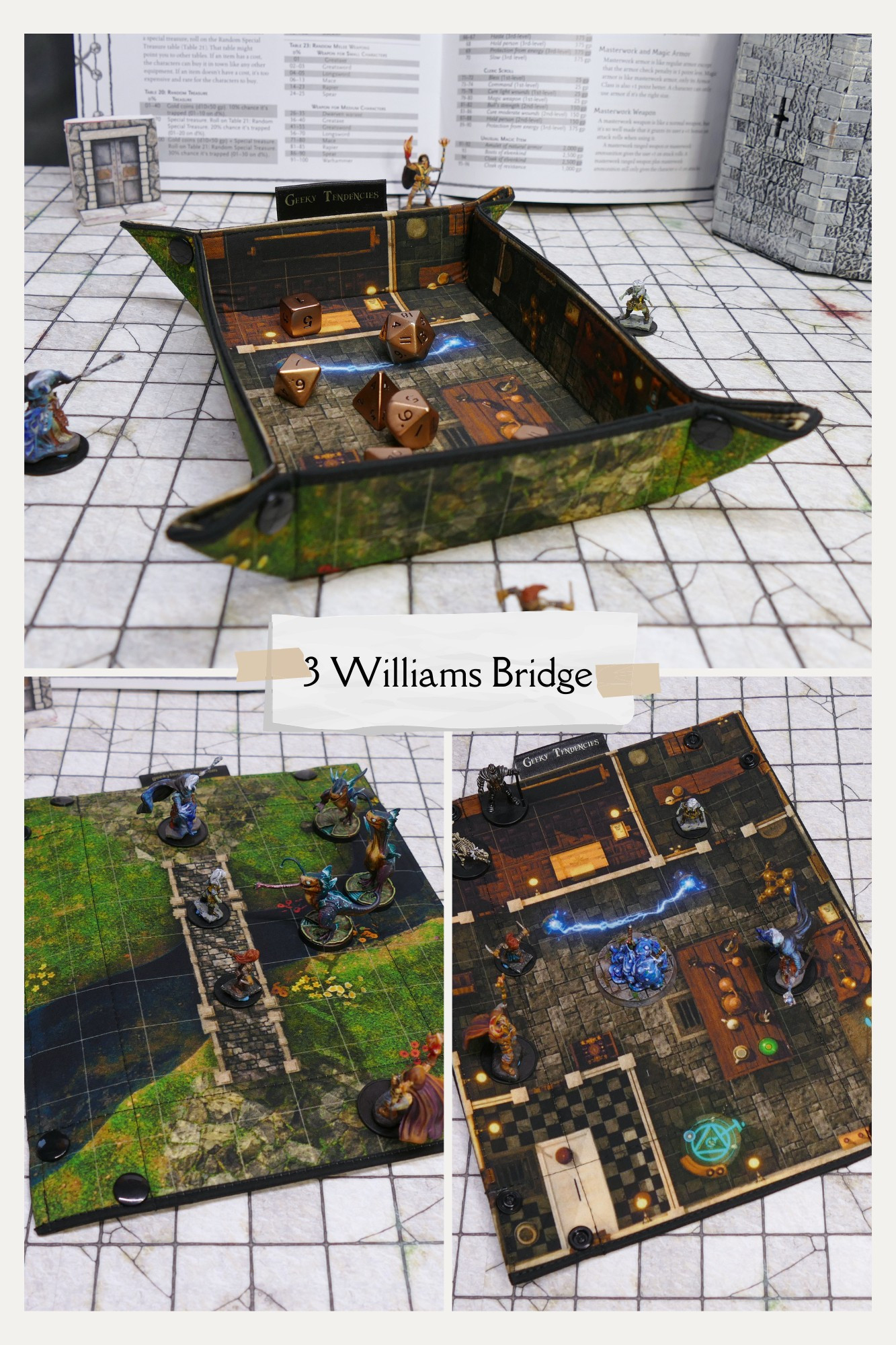 Double-sided battlemap dice tray with a Mad Science Lab on one side and a bridge over a deep creek on the other. Shown in use with minis and dice.