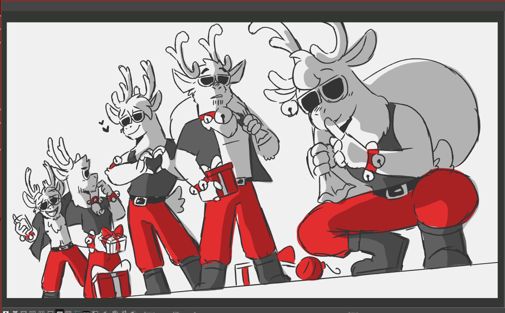 All 5 reindeer holding Christmas presents, facing the camera