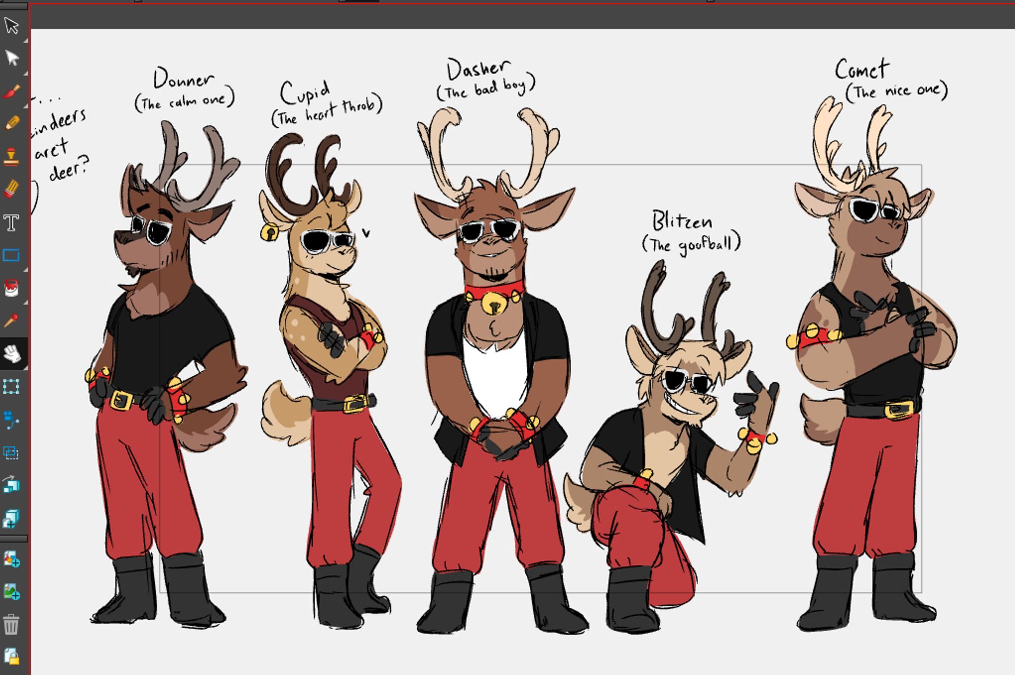 5 reindeer guys idle posing. Donner with his hands in his pocket, Cupid crossing his arms looking cute, Dasher with hands in front, Blitzen kneeled down throwing peace signs, and Comet doing another peace sign standing up