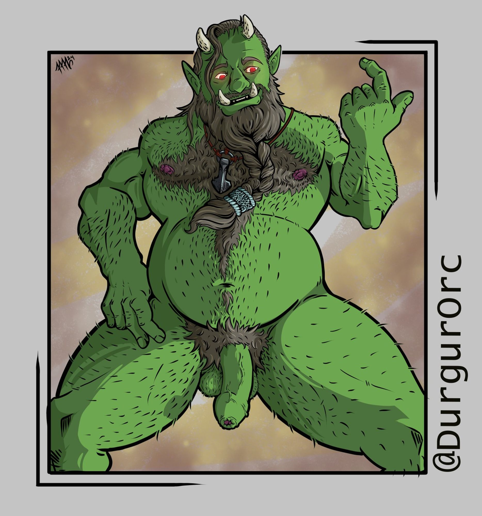 A confidently nude sexy orc daddy with a Viking style braided beard is beckoning you to join him.