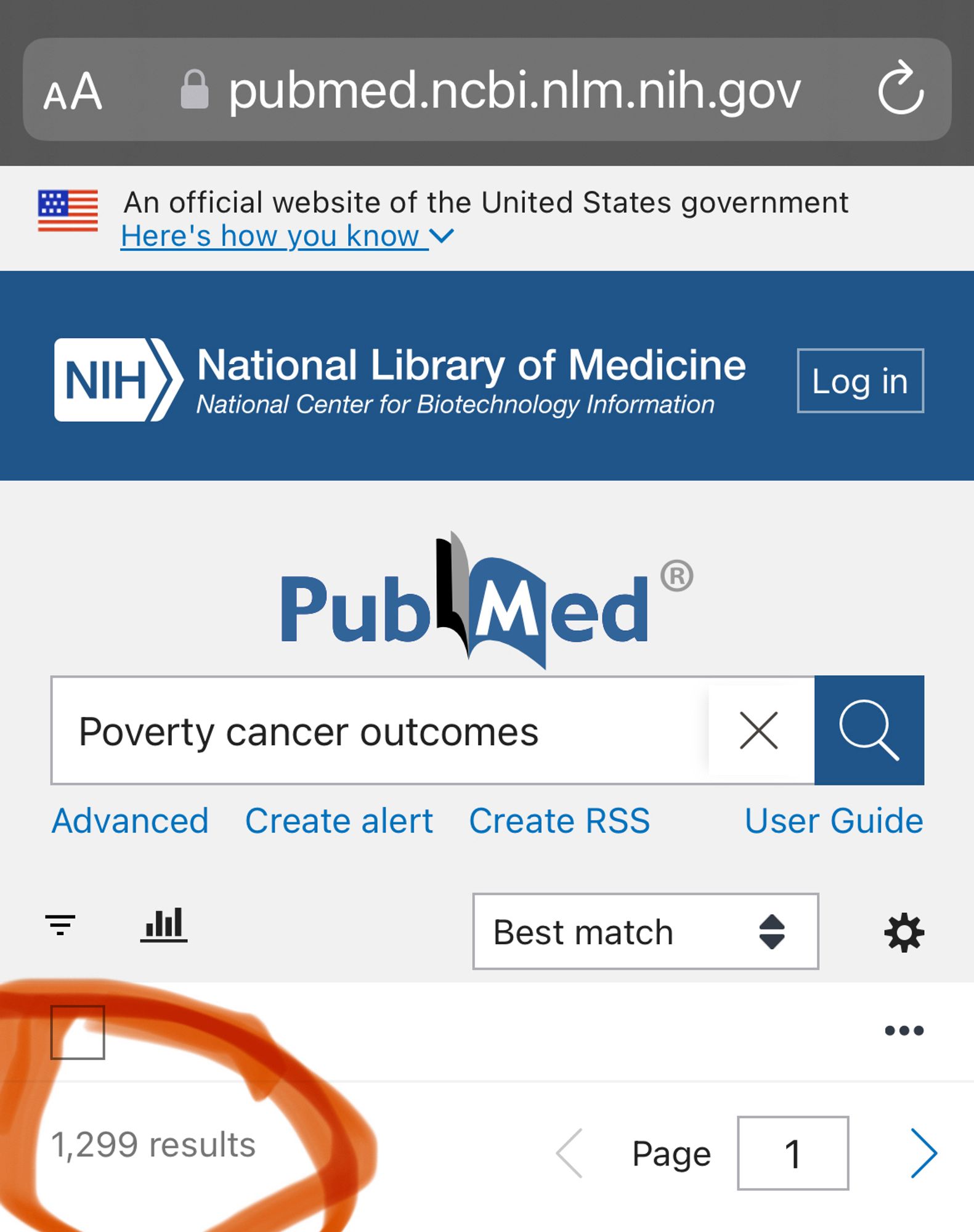 Screenshot. PubMed, Suchbegriff: „poverty cancer outcomes“ 
1299 Artikel