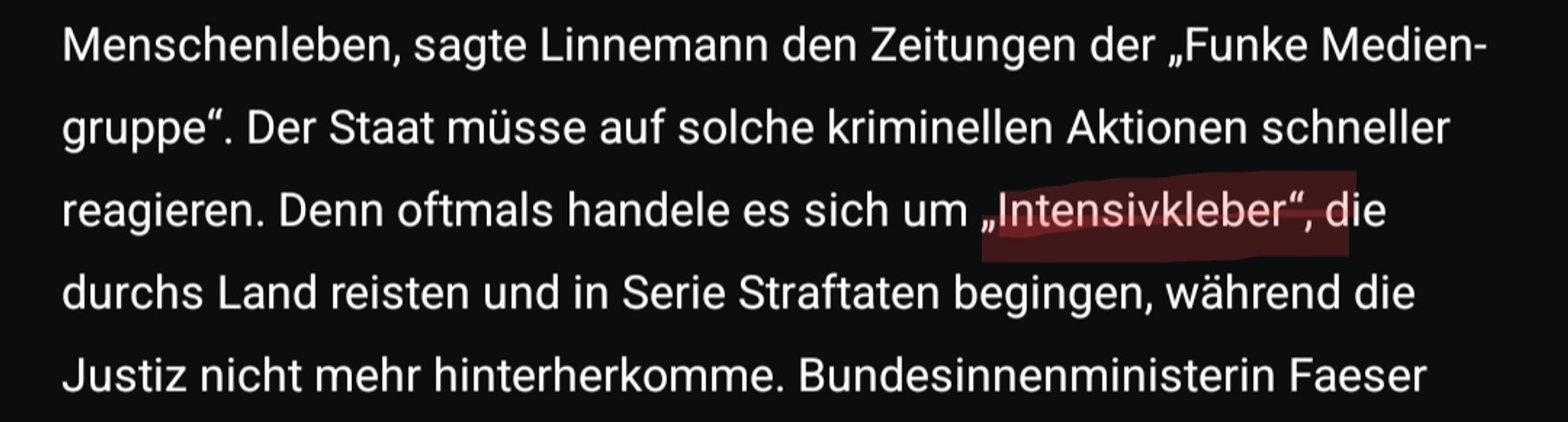 ... sagte Linnemann den Zeitungen der „Funke Medien- gruppe". Der Staat müsse auf solche kriminellen Aktionen schneller reagieren. Denn oftmals handele es sich um „Intensivkleber", die durchs Land reisten und in Serie Straftaten begingen, während die Justiz nicht mehr hinterherkomme. Bundesinnenministerin Faeser...