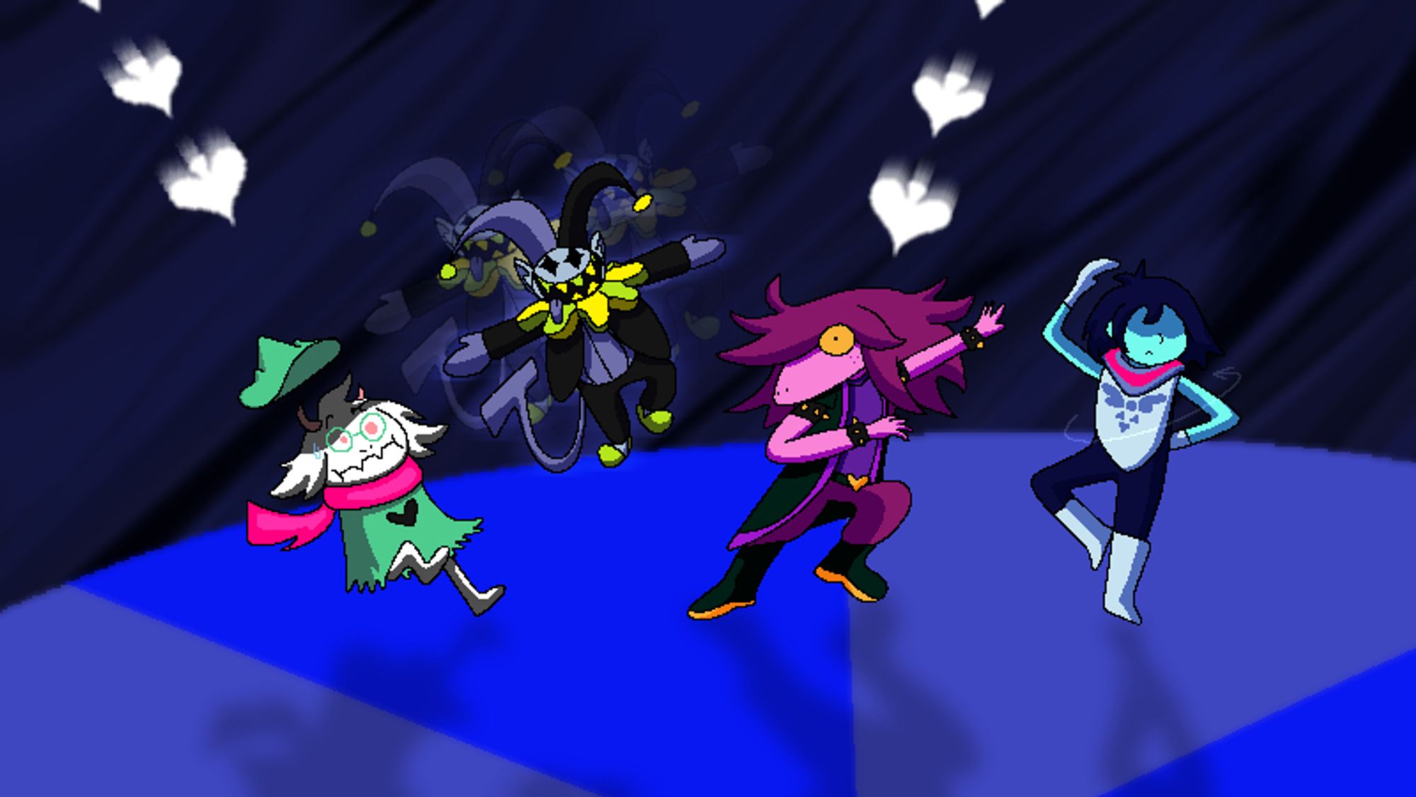 Digital art of Kris, Susie, and Ralsei fighting Jevil in a difficult battle. Jevil has teleported suddenly behind Ralsei and Susie, who have shocked expressions, and he summons spade shaped bullets shooting towards them. Meanwhile Kris twirls around.