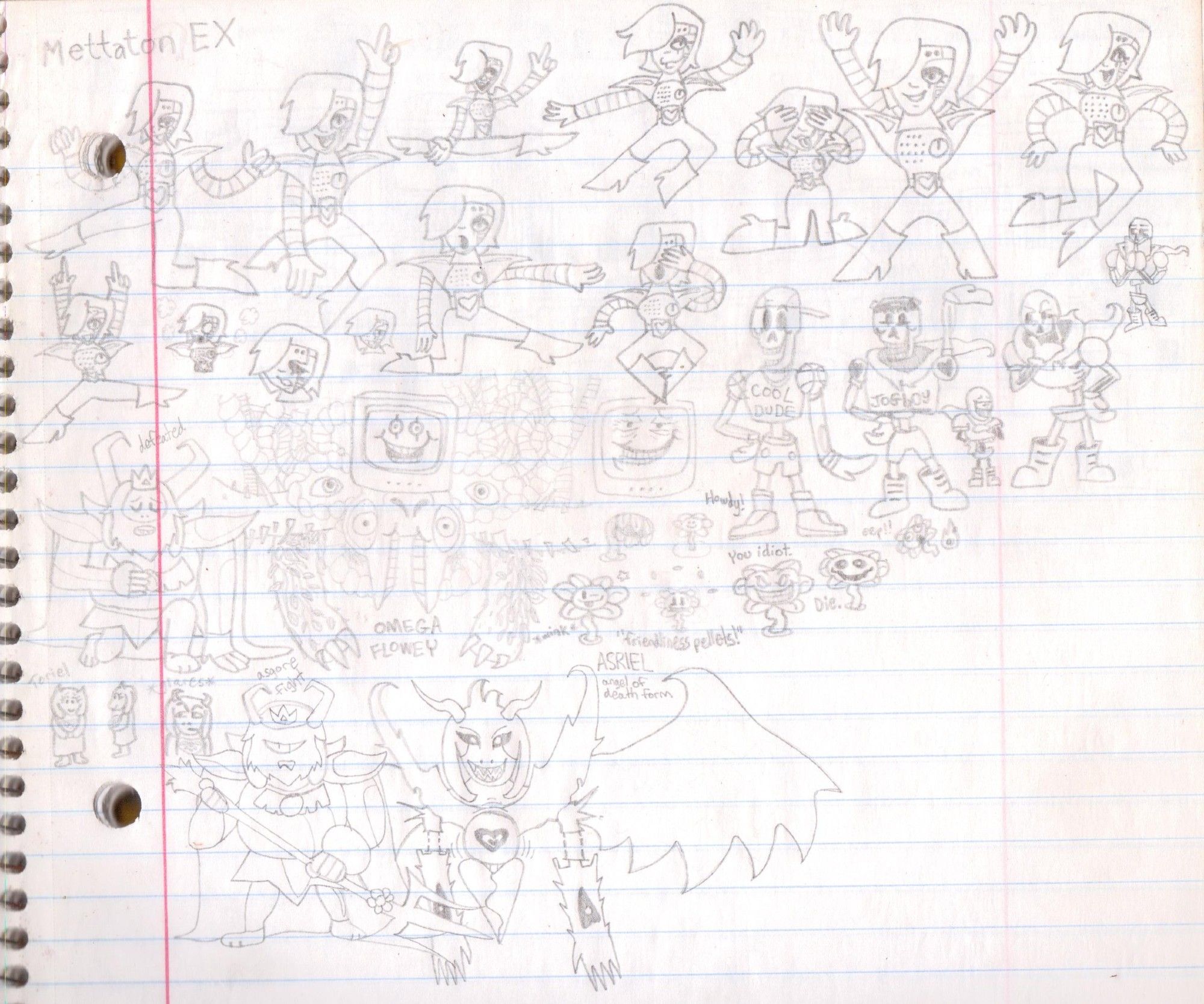 This page is mostly a bunch of pictures of Mettaton in his EX form posing in a bunch of random different ways. There are then some images of Papyrus in his different outfits and poses. There's Asgore in his defeated and in battle appearances. There's Omega Flowey, A couple of little evil Floweys, and there's Asriel's final Angel of Death form at the end.