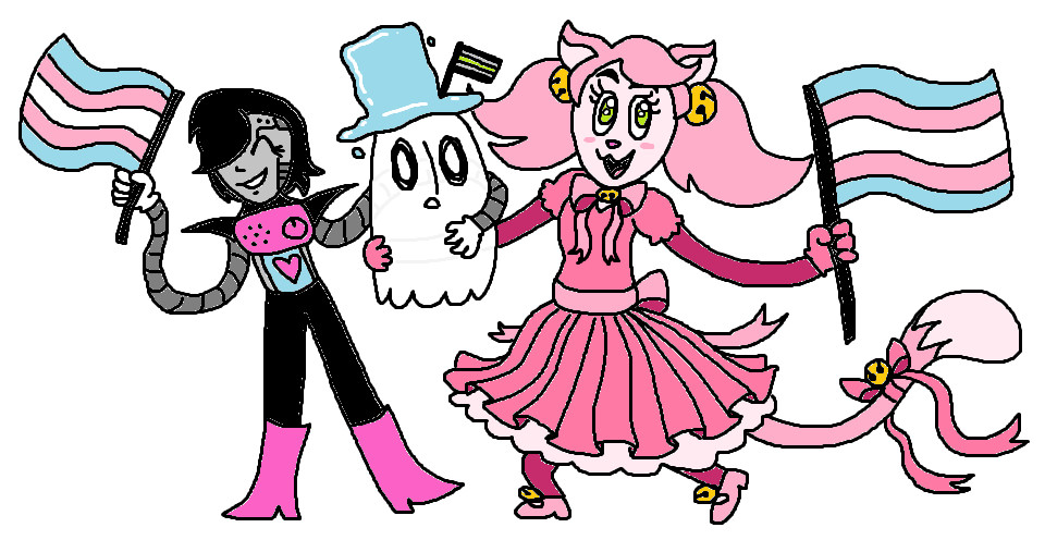 The three ghost cousins from Undertale, Mettaton, Napstablook, and Mewmew, hold up their pride flags. Mettaton EX is trans male, Mad Mewmew who was formerly the mad dummy is trans female, and Napstablook is genderless so has a little agender flag sticking out from the top hat they wear. 