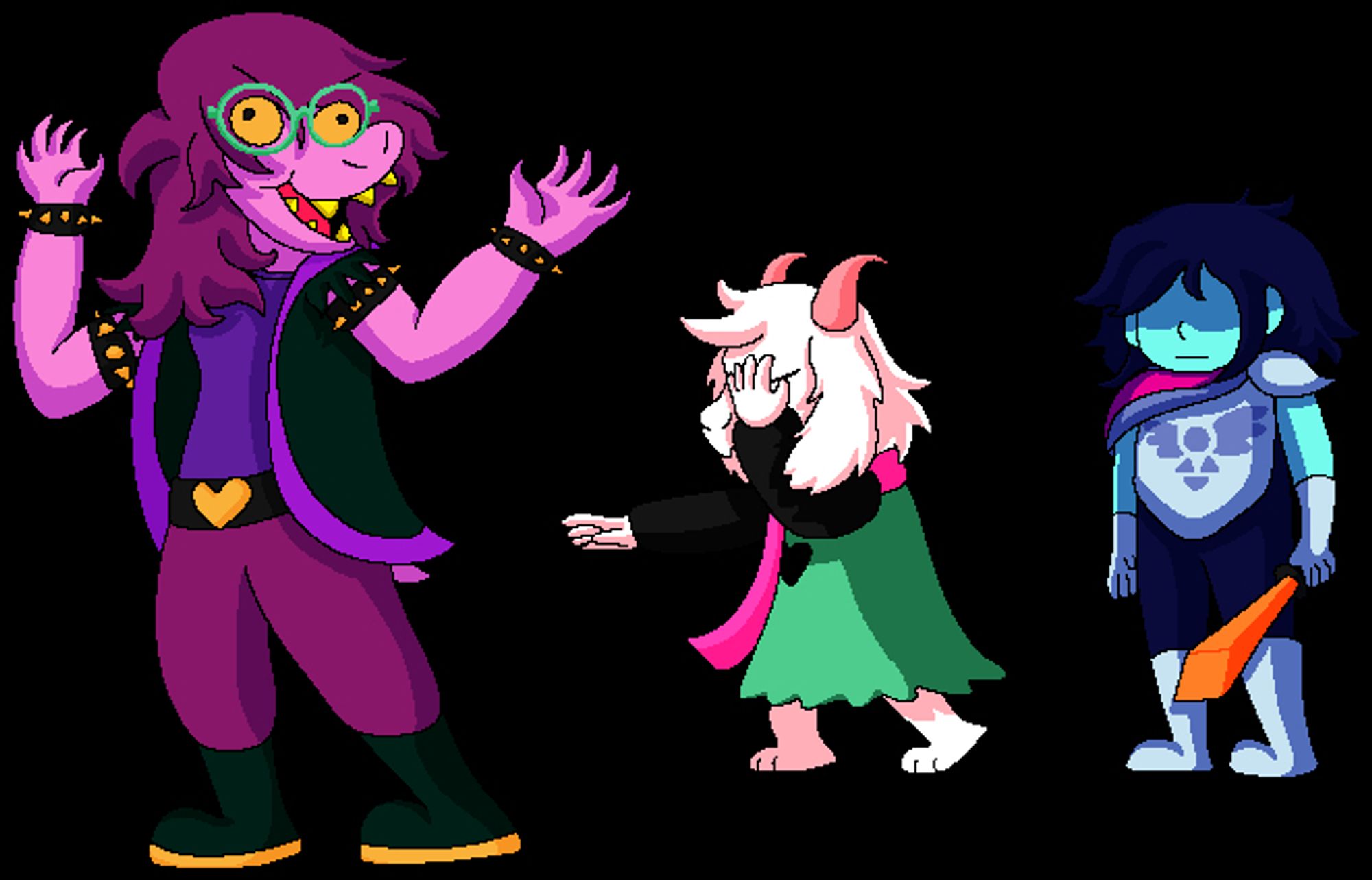 Susie wears a green pair of glasses and makes a dumb goofy face while mocking Ralsei, who covers his face and reaches out blindy needing his glasses back. Meanwhile Kris just stands neutrally nearby, not really one to have any reaction to shenanigans.