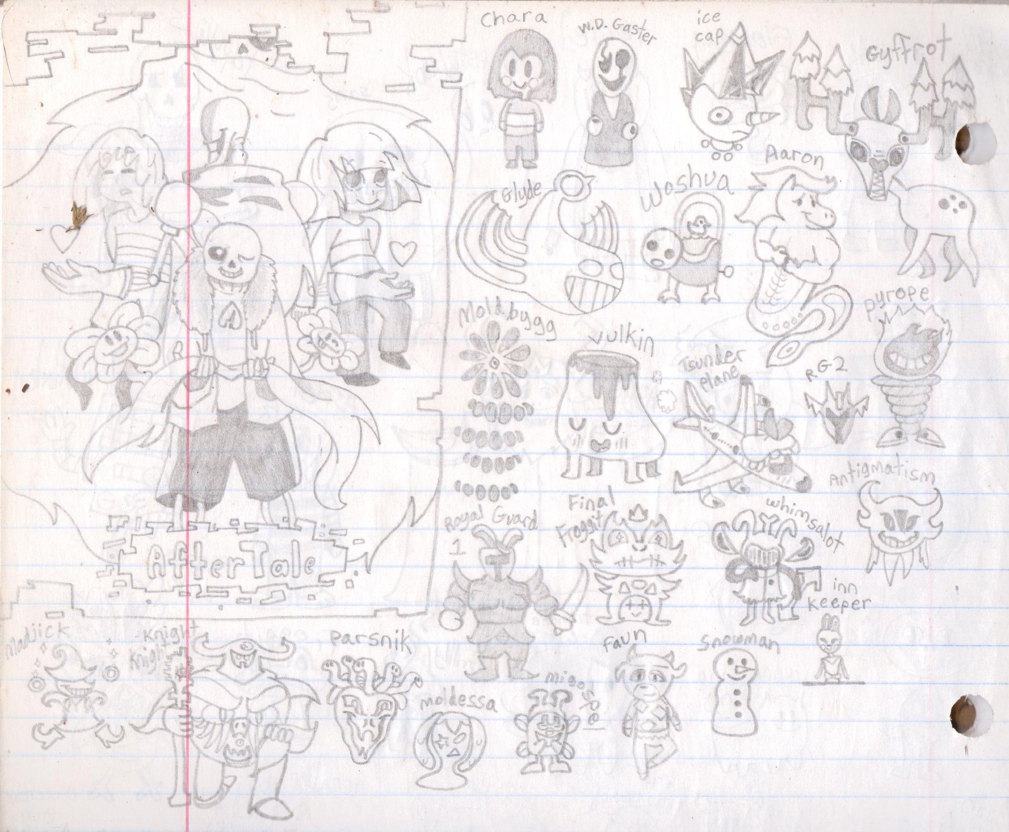 More Undertale enemy encounters and NPCs, including those from Snowdin, Hotland, the Core, and hard mode. Chara and W.D. Gaster are also here. In the upper left corner is also an Aftertale drawing of a Sans with a cracked soul holding a scarf, Flowey smiling beside him, Frisk, Chara, a Papyrus with his back turned away holding his hands near the souls of the two humans, and Geno Sans above them all with his glitches.