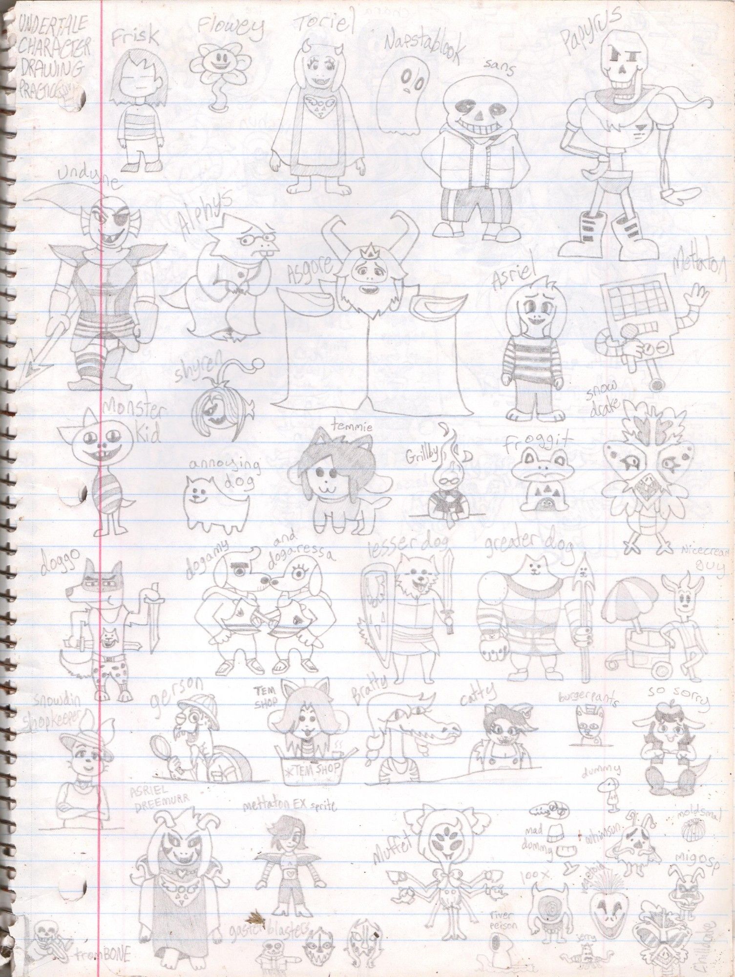 Drawings of the Main characters of Undertale, including Frisk, Flowey, Toriel, Napstablook, Sans, Papyrus, Undyne, Alphys, Asgore, Asriel, Mettaton, Monster Kid, the Royal Guard's canine unit, the shopkeepers, Muffet, and several other enemies/friends that are encountered throughout the game.