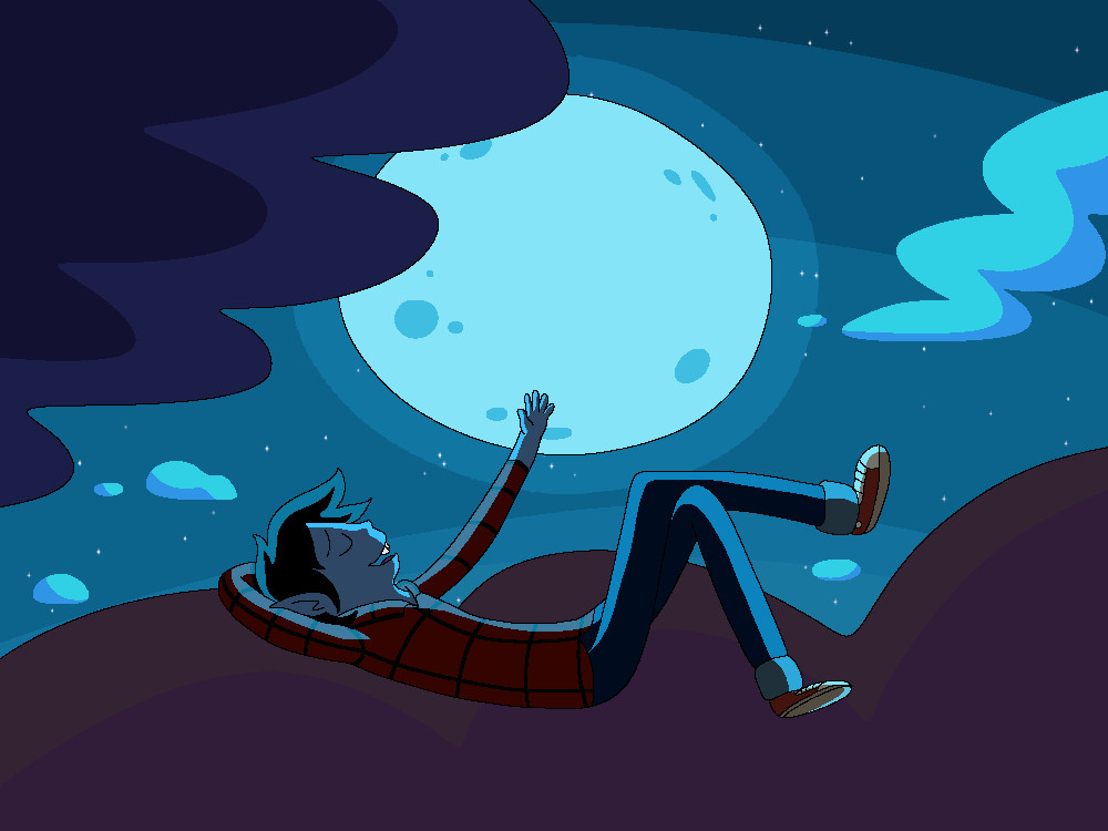 Marshall Lee, from Adventure Time with Fionna and Cake, floats on his back in front of a moonlit sky and sings.