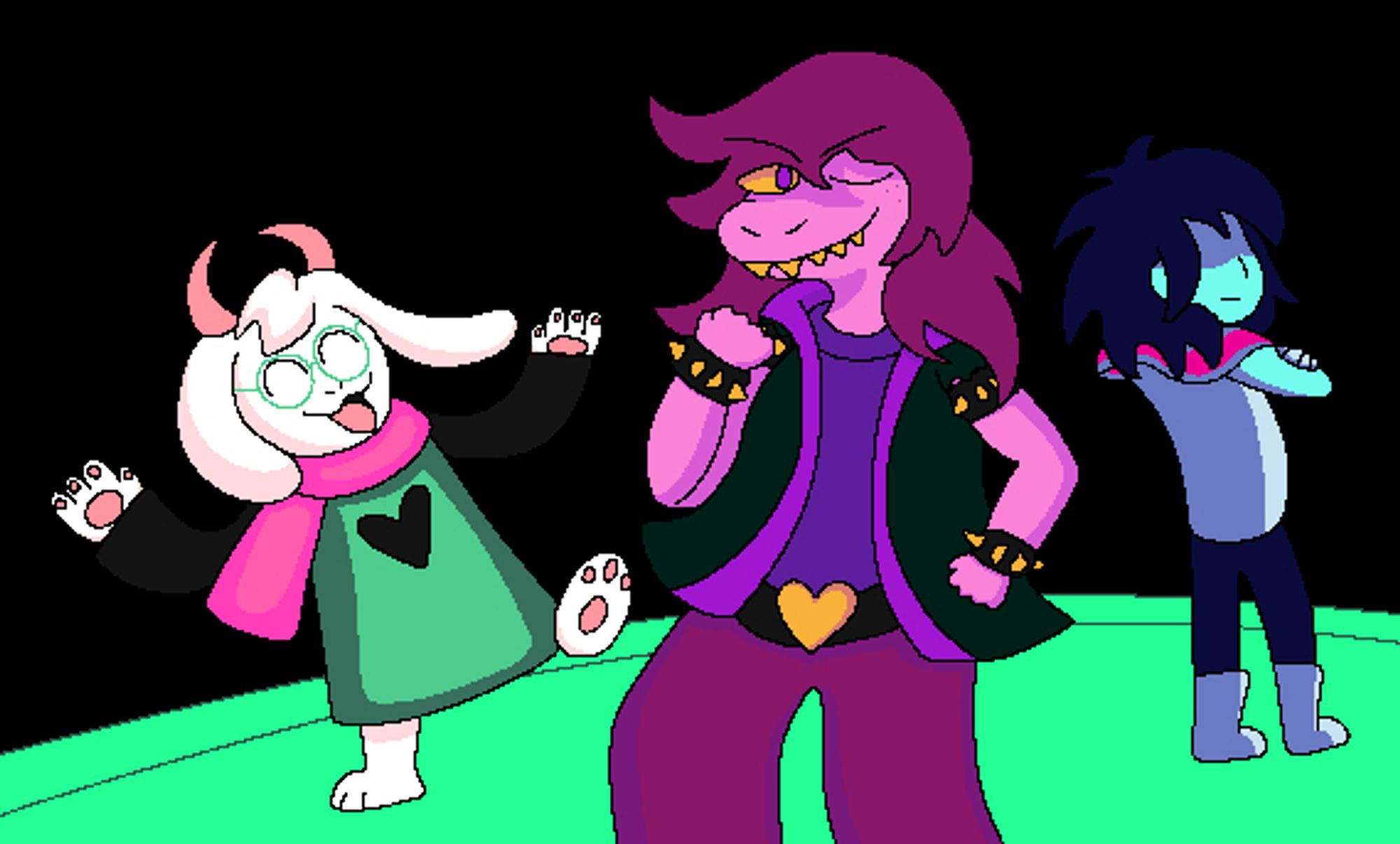 The Fun Gang all strike a pose shortly after entering the Cyber World of Deltarune chapter 2. Ralsei raises his hands in the air and cheers happily, Susie winks and pumps her fist, and Kris stands coolly with their back turned and arms folded. I wonder if they will make a habit of doing this.