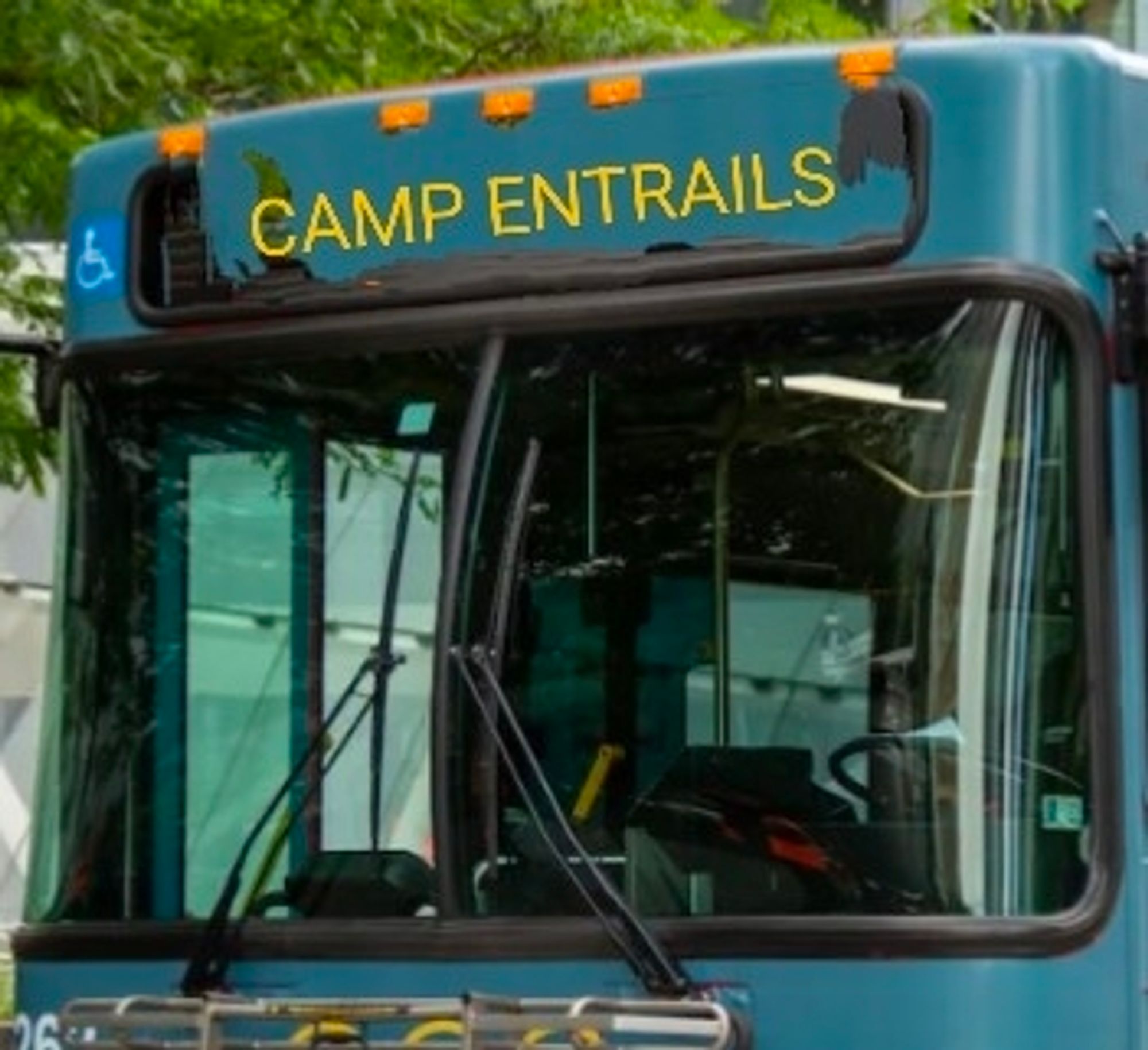 Bus labeled "Camp Entrails"