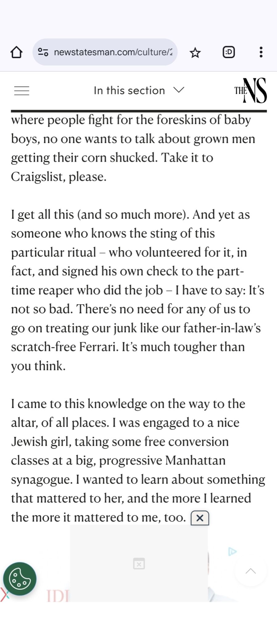 Screenshot of a quote from the linked article:

"...no one wants to talk about grown men getting their corn shucked. Take it to Craigslist, please.

I get all this (and so much more). And yet as someone who knows the sting of this particular ritual – who volunteered for it, in fact, and signed his own check to the part-time reaper who did the job – I have to say: It’s not so bad. There’s no need for any of us to go on treating our junk like our father-in-law’s scratch-free Ferrari. It’s much tougher than you think."