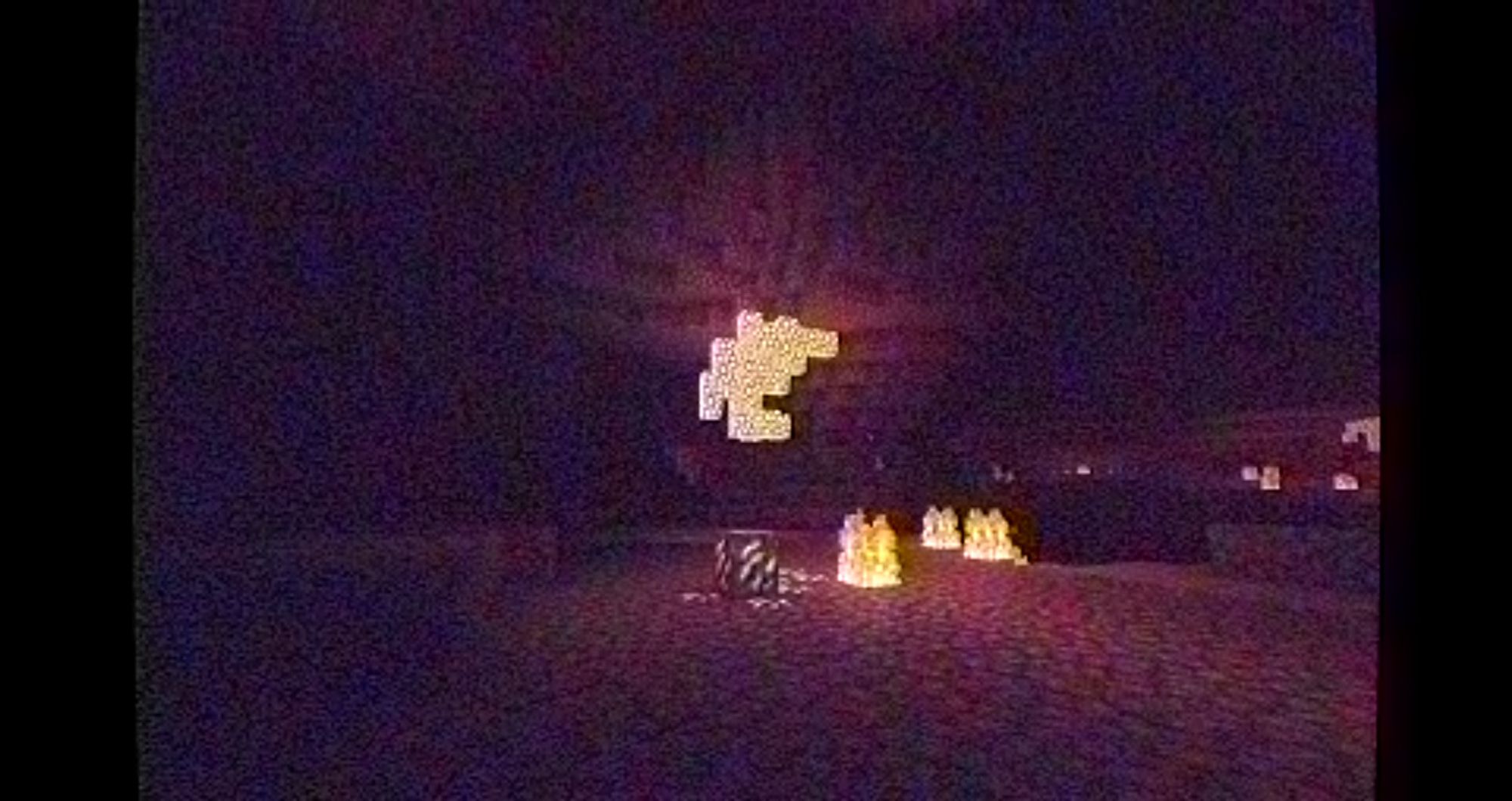 Minecraft, Nether, a bunch of Glowstone blocks on the ceiling, VHS filter on top of it