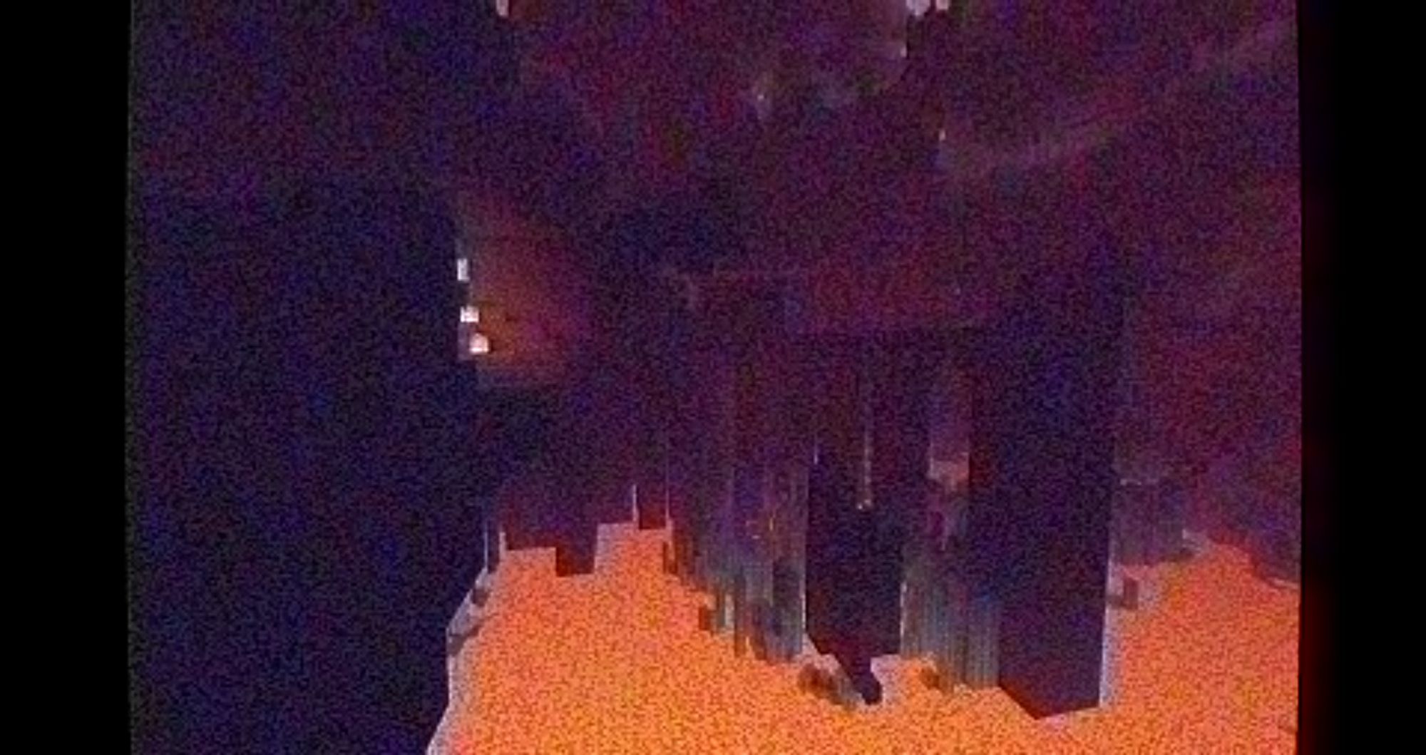 Minecraft, Nether, a Nether Fortress standing in a lava sea in combination of basalt delta biome, VHS filter on top of it