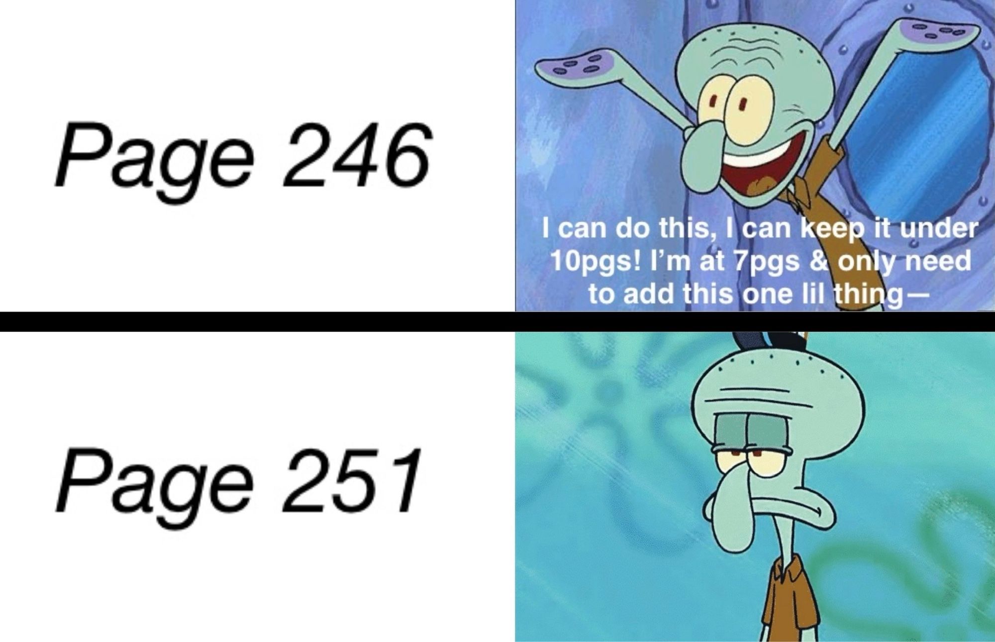 A meme I made where the top left panel says “Page 246” and the panel next to it is Squidward excited (delusional) with non-canon subtitles that says “I can do this, I can keep it under 10pgs! I’m at 7pgs & only need to add this one little thing—” then it cuts to the next panel on the bottom left that says “Page 251” with a panel next to it that shows a disappointed Squidward because he done fucked up and wrote an extra five pages 😭🙃