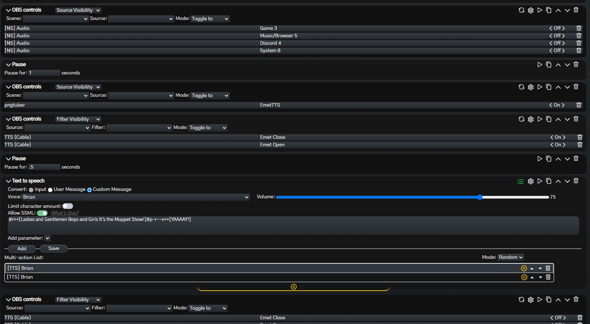 bikubot channel point creator showing lots of TTS and OBS commands.