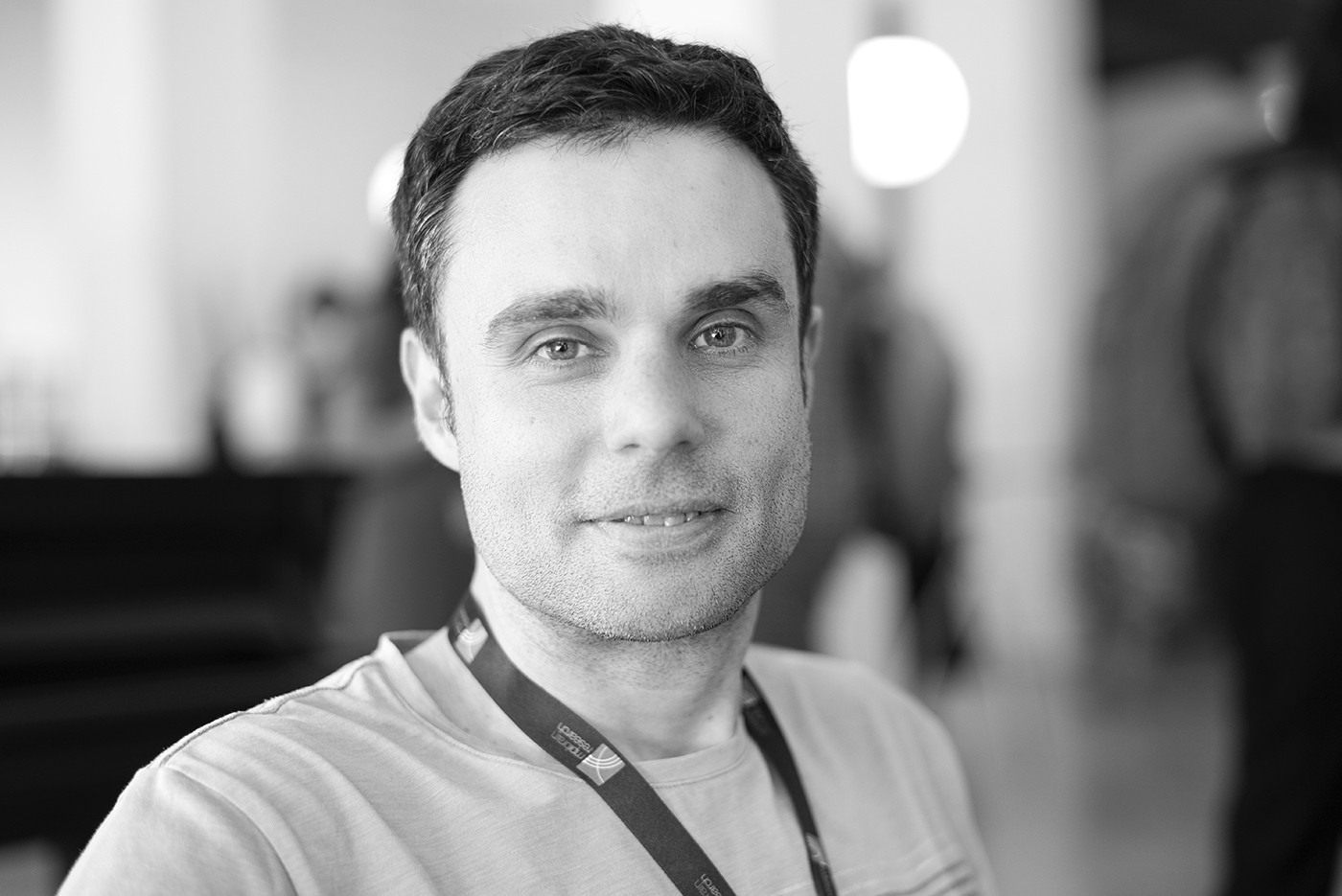 Black and white portrait of vision neuroscientist Christian Puller in Berlin.