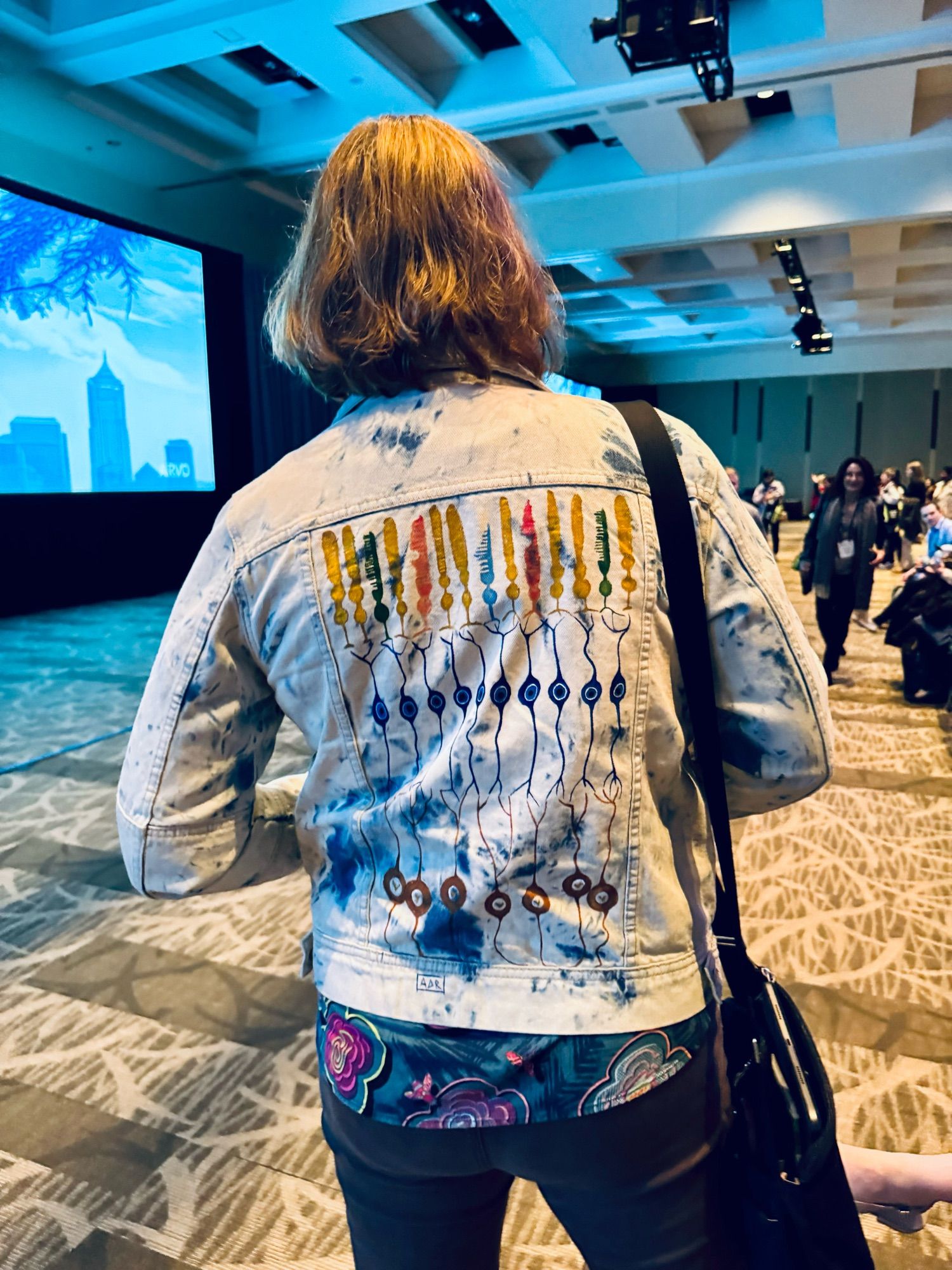 A jeans jacket with a schematic retina painted on the back with photoreceptors, bipolar cells, and ganglion cells, etc…