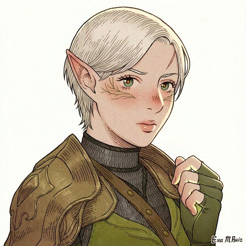 A portrait of a female elf with short, white hair and big rounded green eyes with a serious look. She wears elven green and golden armor and has the Mythal's vallaslin over her cheeks. Her hand glows with a dull green light. 