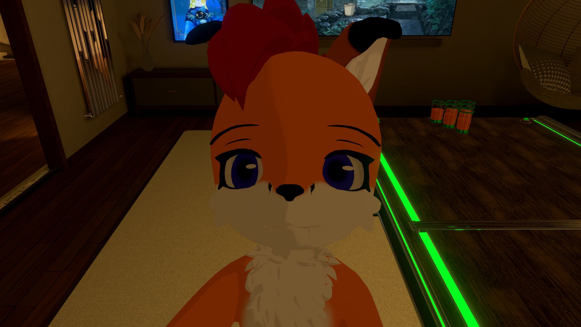 VRchat screenshot of Colto Fox's avatar next to a beer pong table.