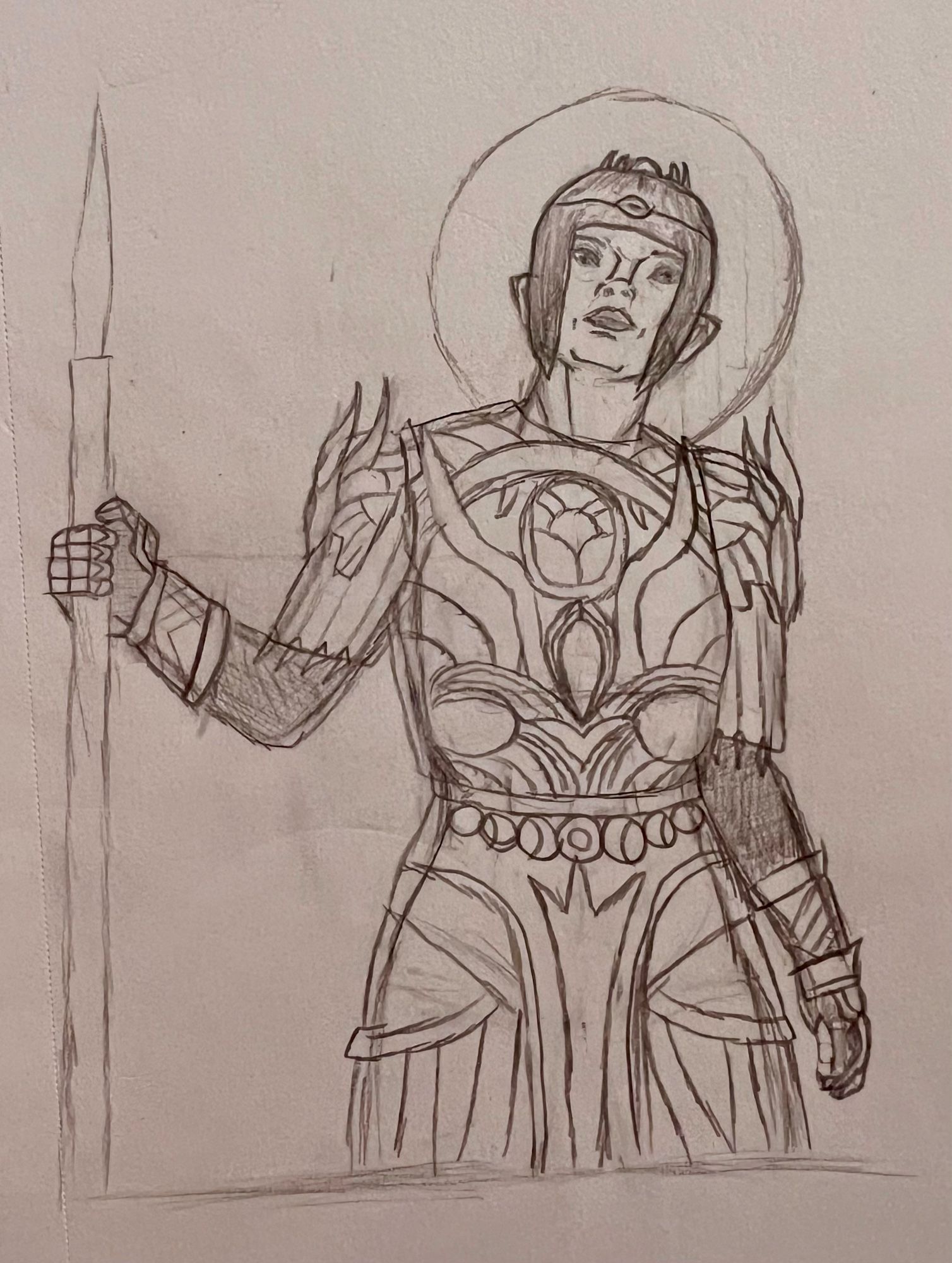 Drawing of Shadowheart as a dark justiciar holding the Spear of Selune