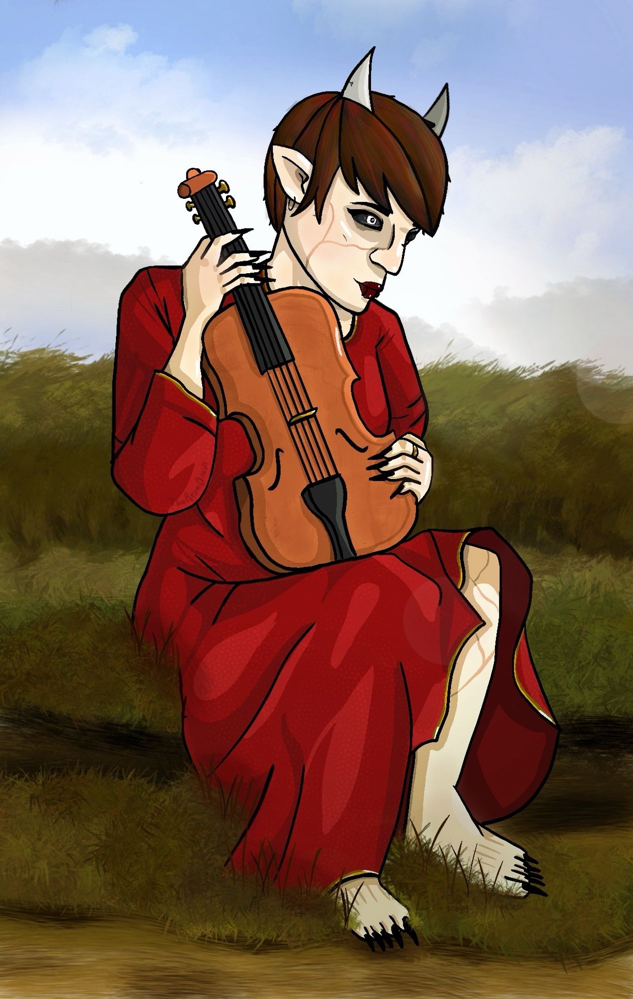 Digital art of a tiefling bard in a grassy field, holding a violin and wearing a red dress